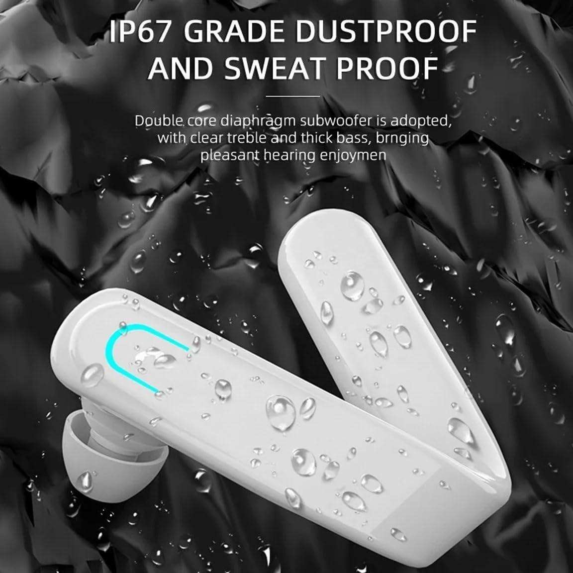 White wireless ear hook Bluetooth headset with microphone, water droplets, IP67 dustproof and sweatproof, on black background. TUTT