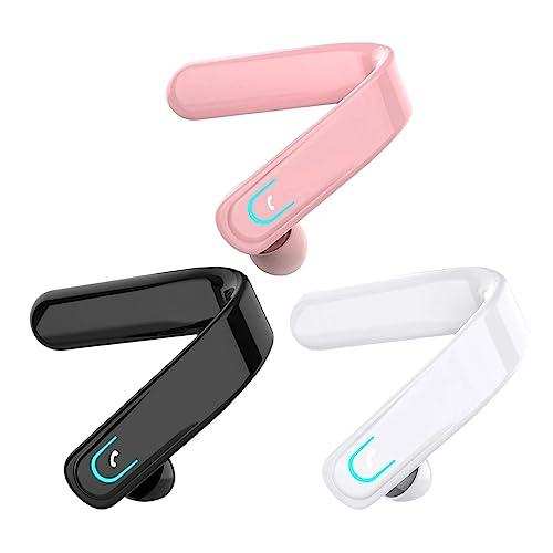 Three single-ear wireless ear hook headsets in pink, black, and white with LED lights, TUTT