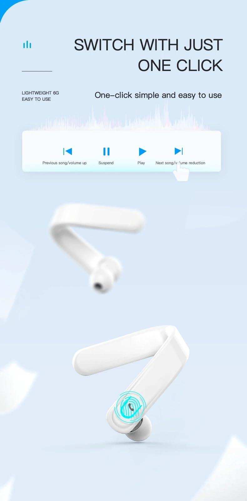White right ear hook Bluetooth earphone with microphone, lightweight design, on blue background, TUTT