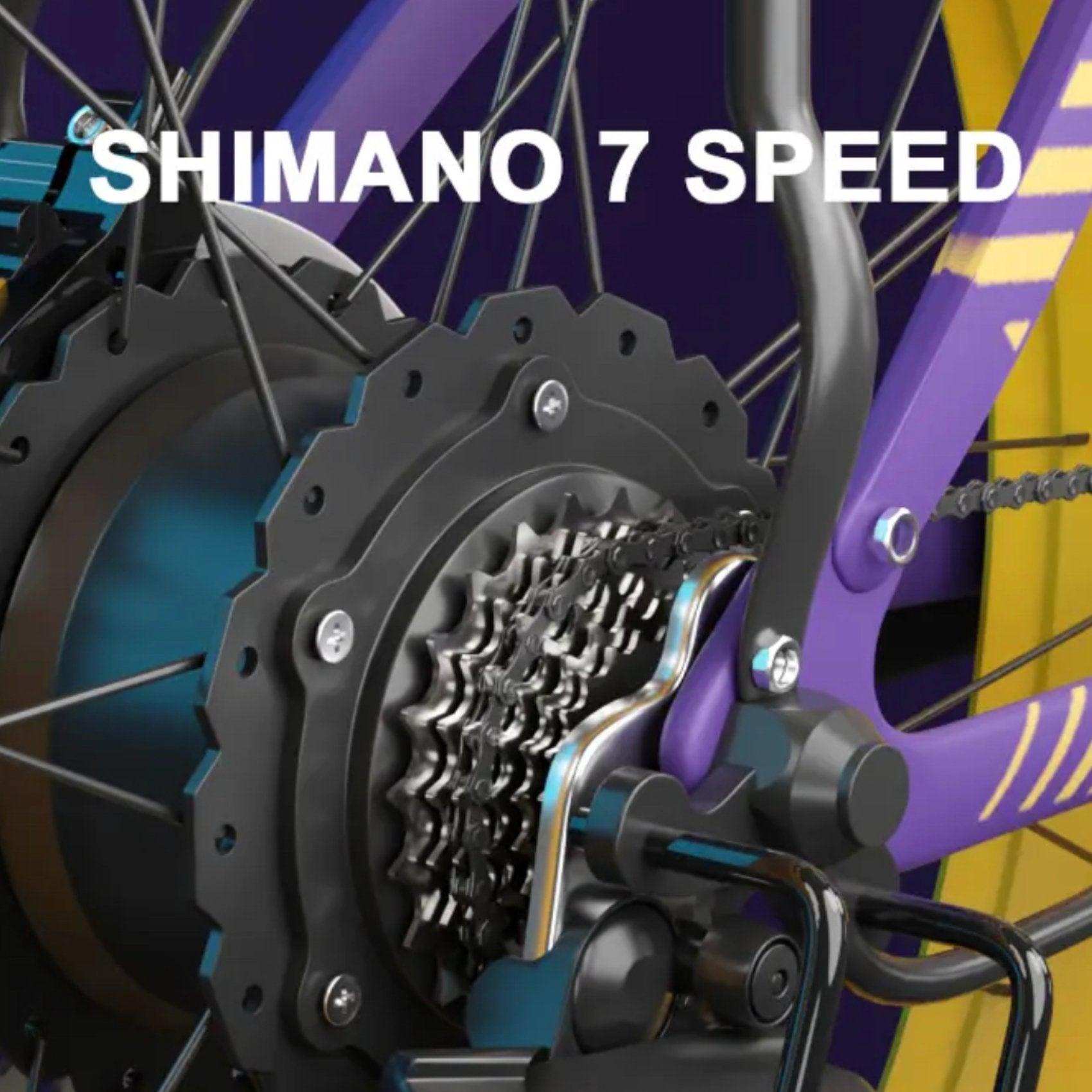Close-up of Shimano 7-speed gear system on a purple and yellow electric mountain bike TUTT