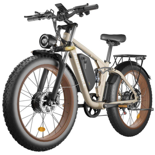 Fat tire electric mountain bike with beige frame, headlight, and rear rack on white background TUTT