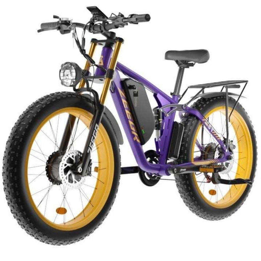 Purple and yellow fat tire electric mountain bike with dual suspension and rear rack, TUTT