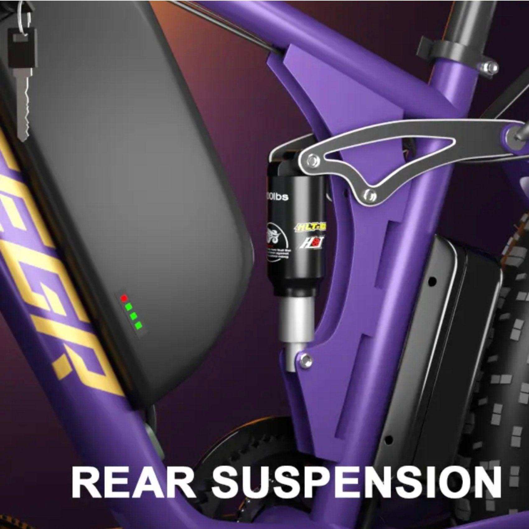Closeup of purple electric bike frame showing rear suspension system and battery pack, TUTT