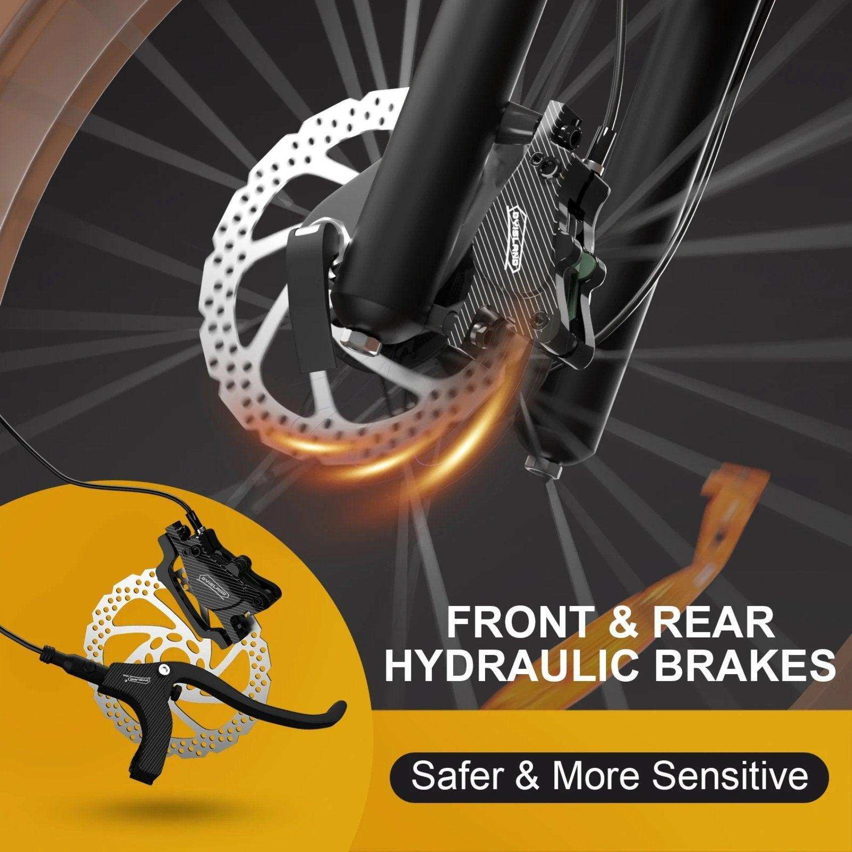 Close-up of mountain e-bike hydraulic disc brake system with front and rear brakes, TUTT