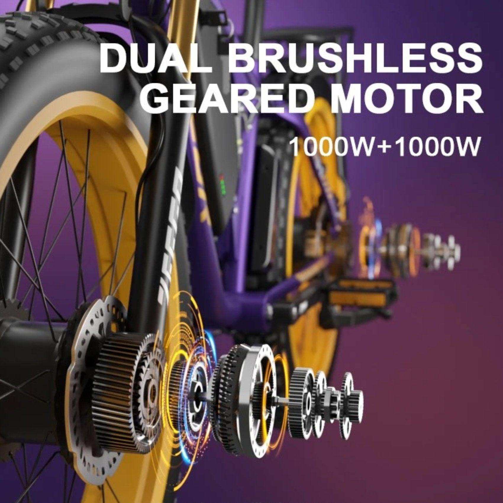 Closeup of dual brushless geared motor and yellow wheels on electric mountain bike, TUTT