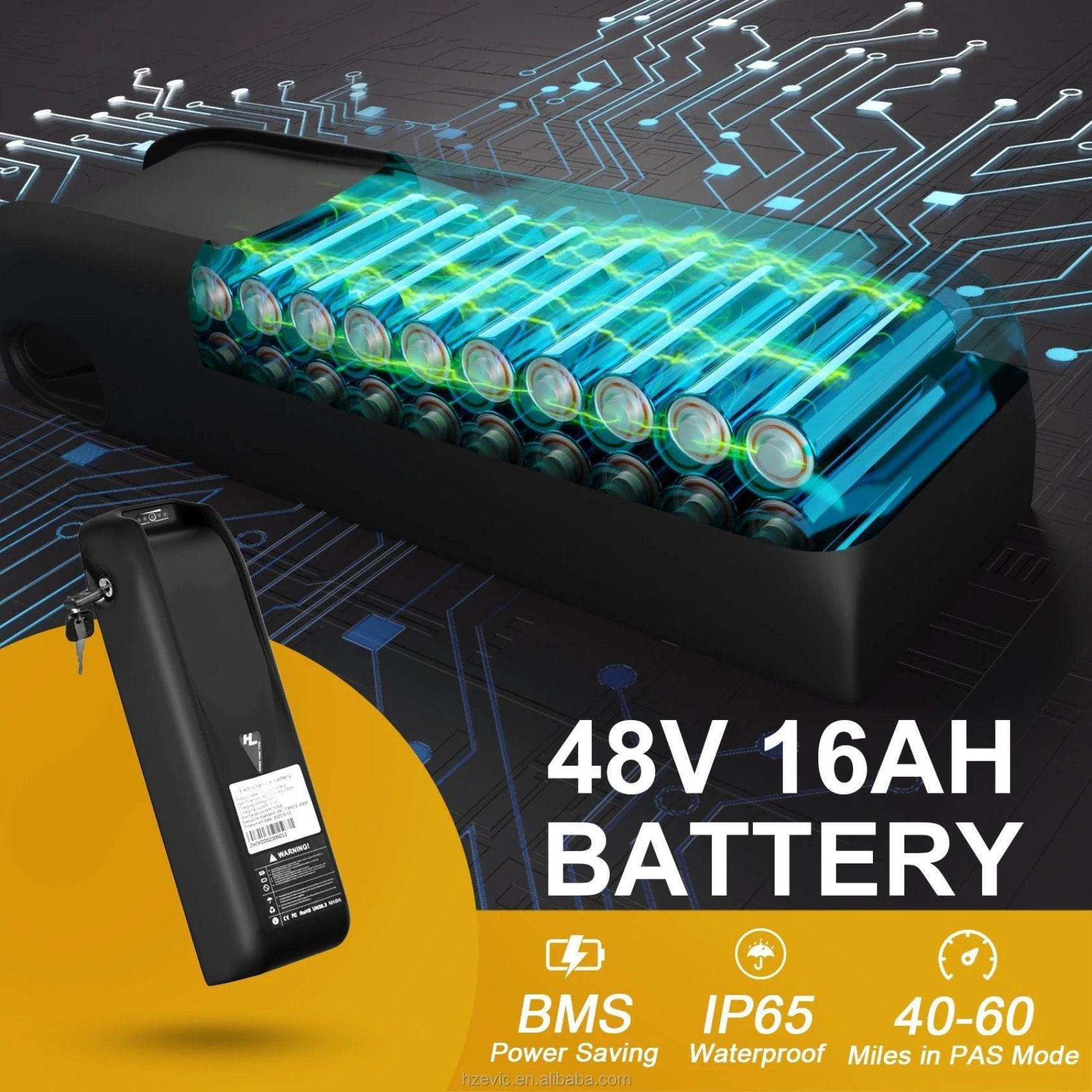 48V 16AH electric bike battery with BMS, waterproof IP65, 40-60 mile range, TUTT