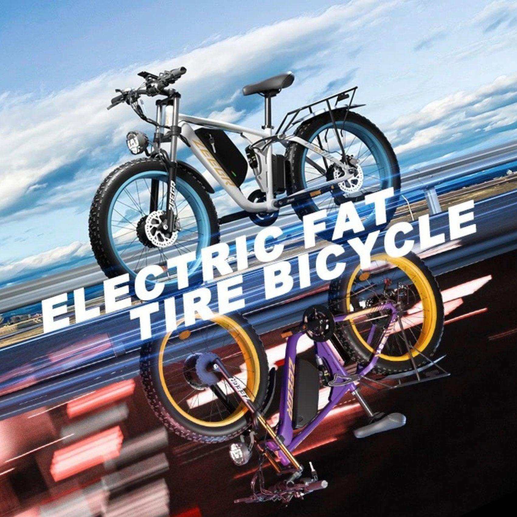 Two electric fat tire bikes, one gray and one purple, with cityscape background and bold text TUTT