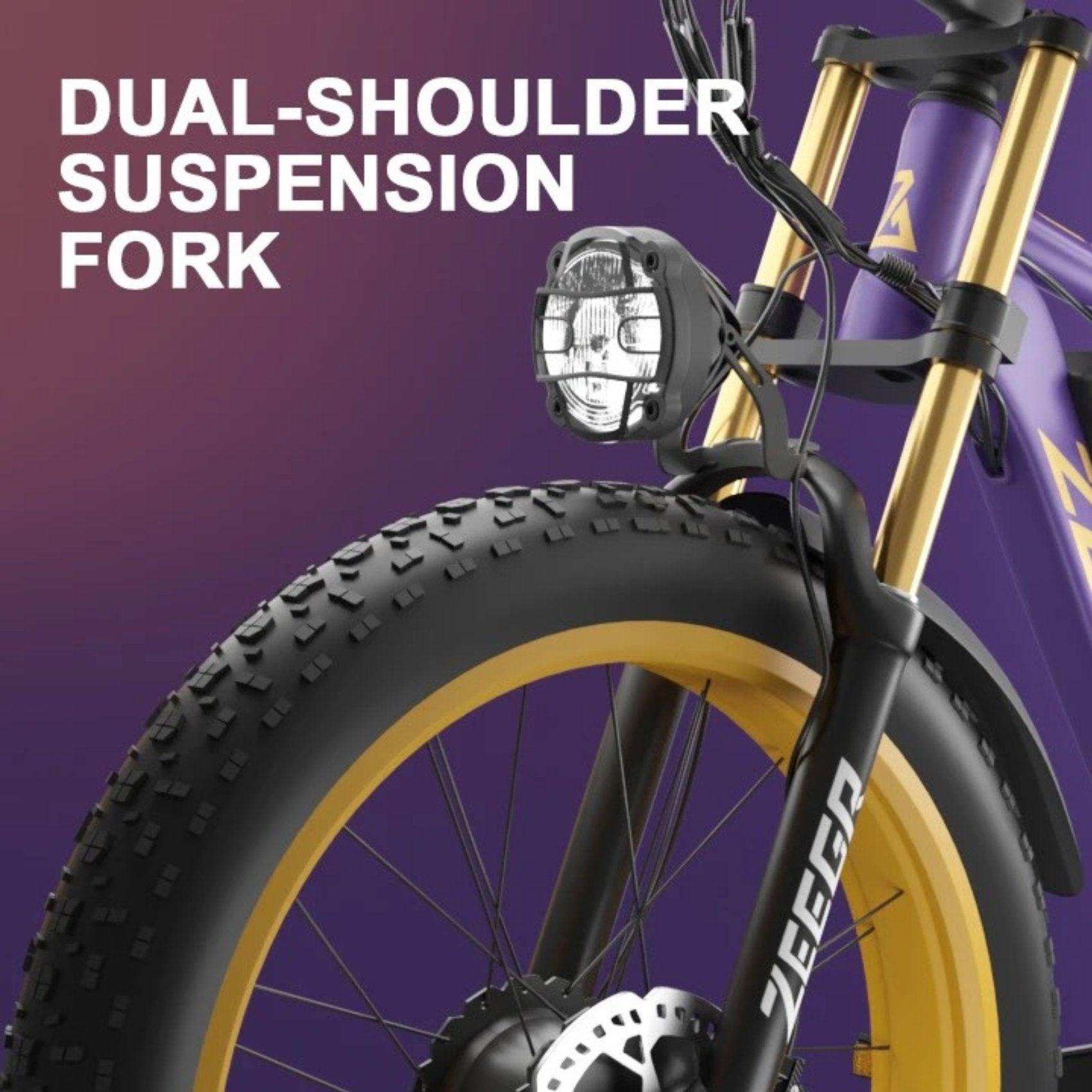 Front view of electric mountain bike with dual-shoulder suspension fork and fat tire, TUTT