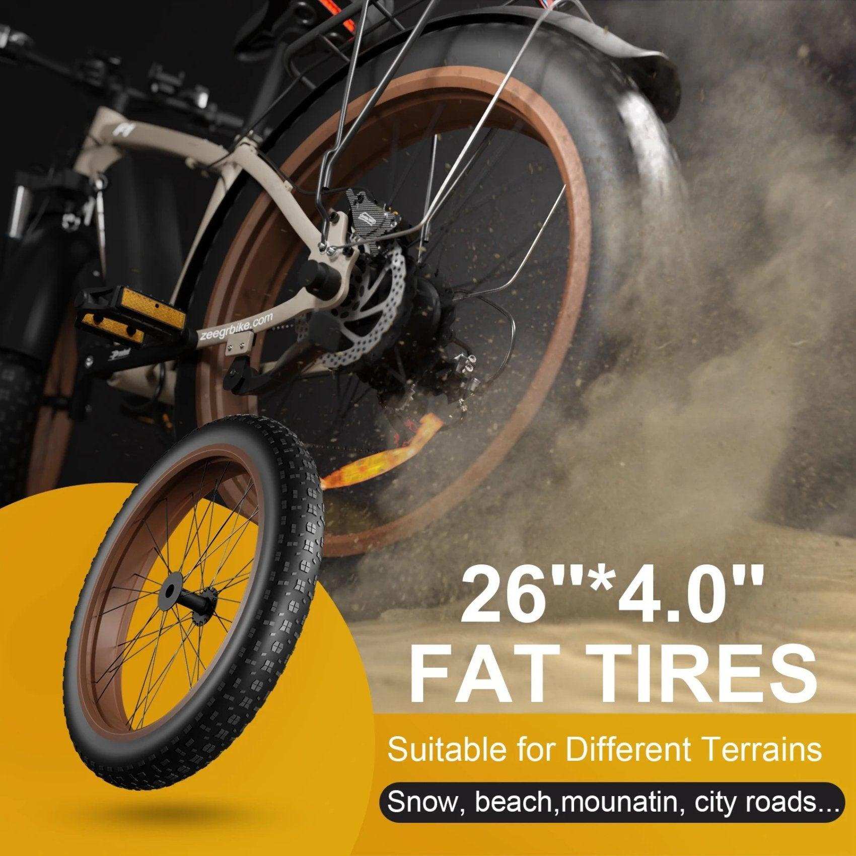 Close-up of an electric mountain bike with 26x4 inch fat tires for all terrain, sandy background, TUTT