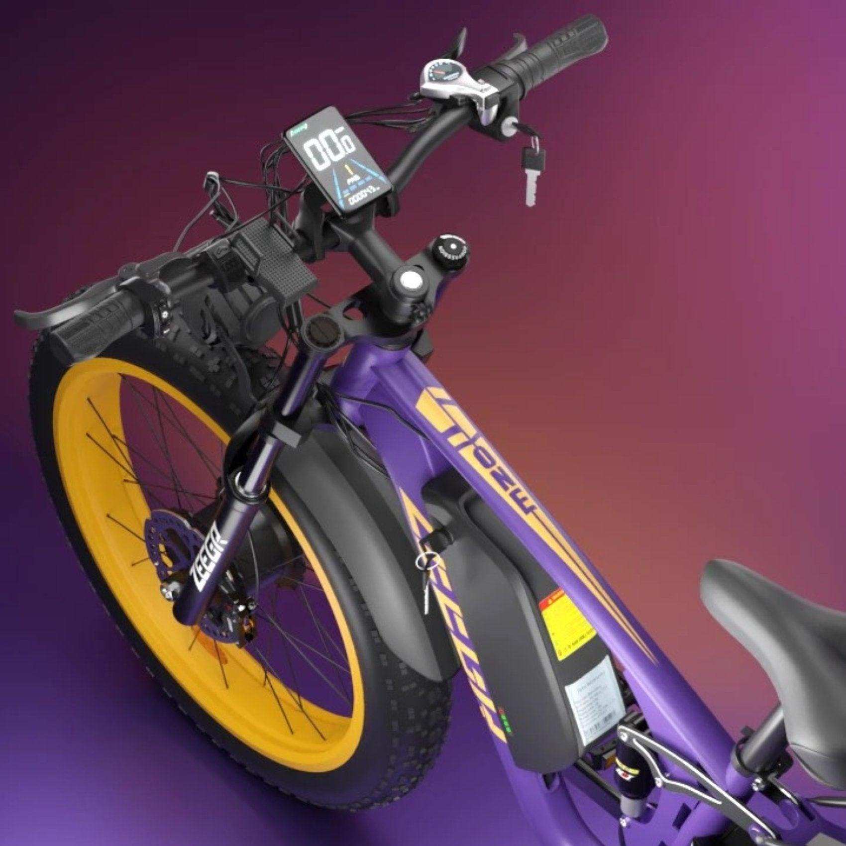 Purple electric mountain bike with yellow wheels, LCD display, and dual suspension, TUTT