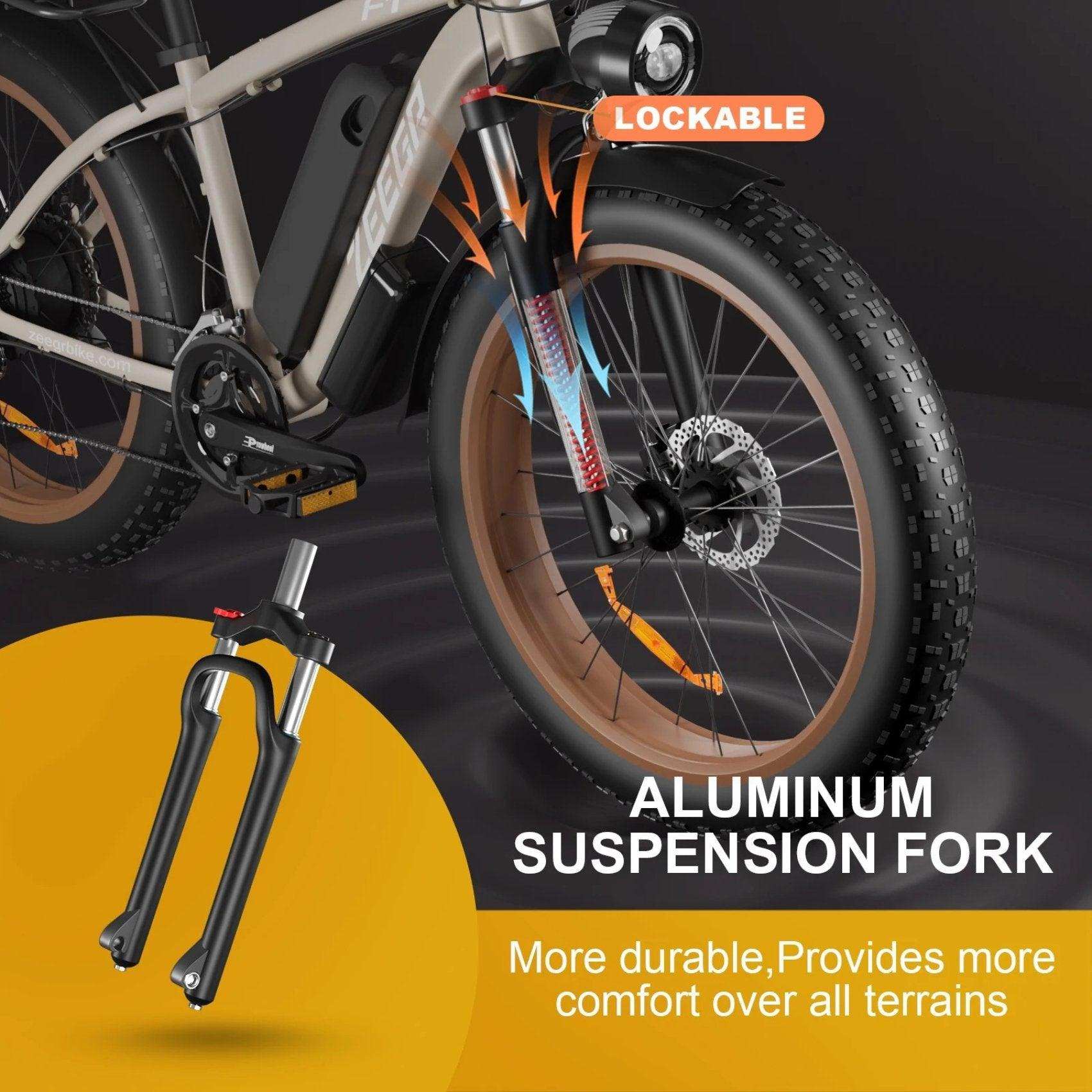 Front view of an electric mountain bike with lockable aluminum suspension fork and fat tires, TUTT