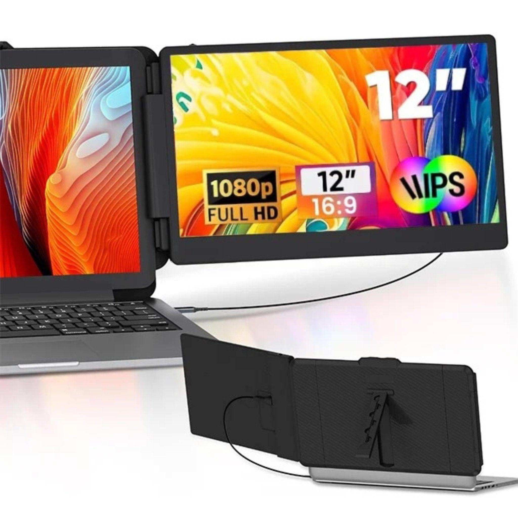 12-inch FHD 1080p IPS portable laptop monitor screen extender with built-in stand and speakers, connected to a laptop. TUTT