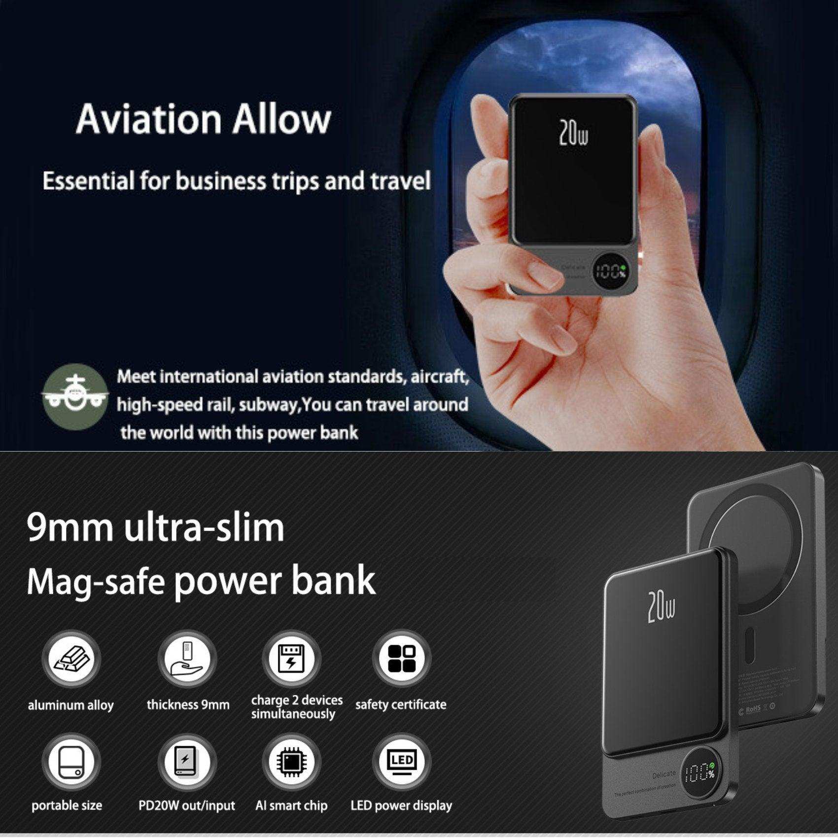 9mm ultra-slim MagSafe wireless power bank 20W, LED display, portable charger for iPhone, TUTT