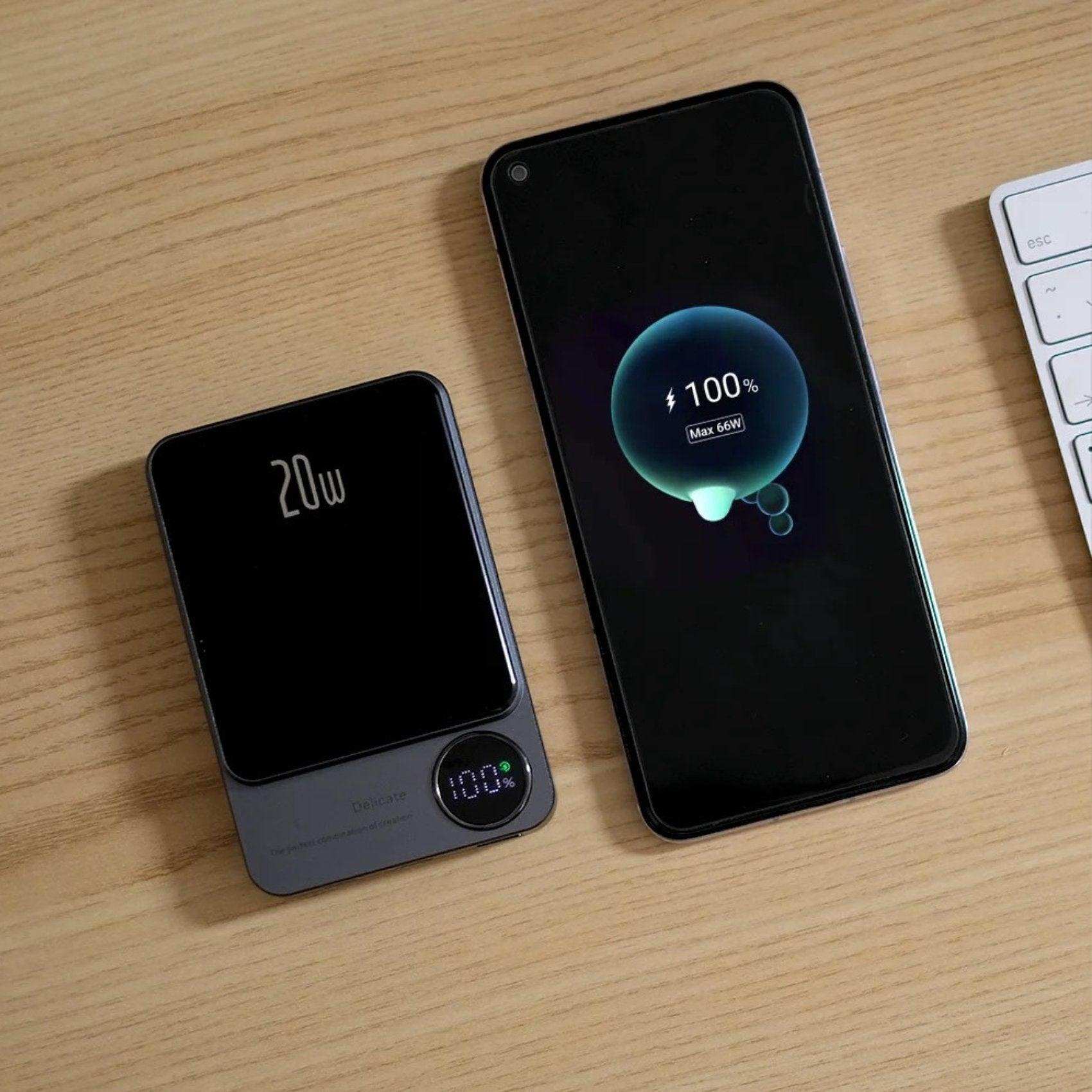 All-metal glass MagSafe wireless 20W power bank and smartphone charging on desk, TUTT