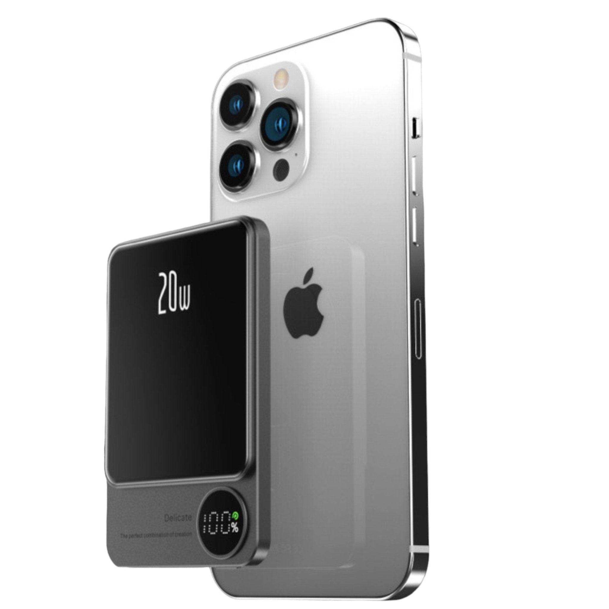 All-metal glass MagSafe wireless power bank attached to a silver iPhone, LED display showing 100%, 20W output, portable magnetic charger TUTT