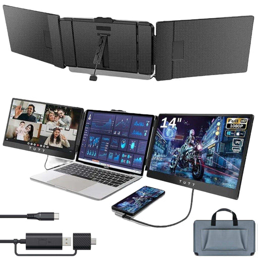 Dual portable 14-inch laptop monitor extender with built-in stand, 1080p IPS, accessories, TUTT