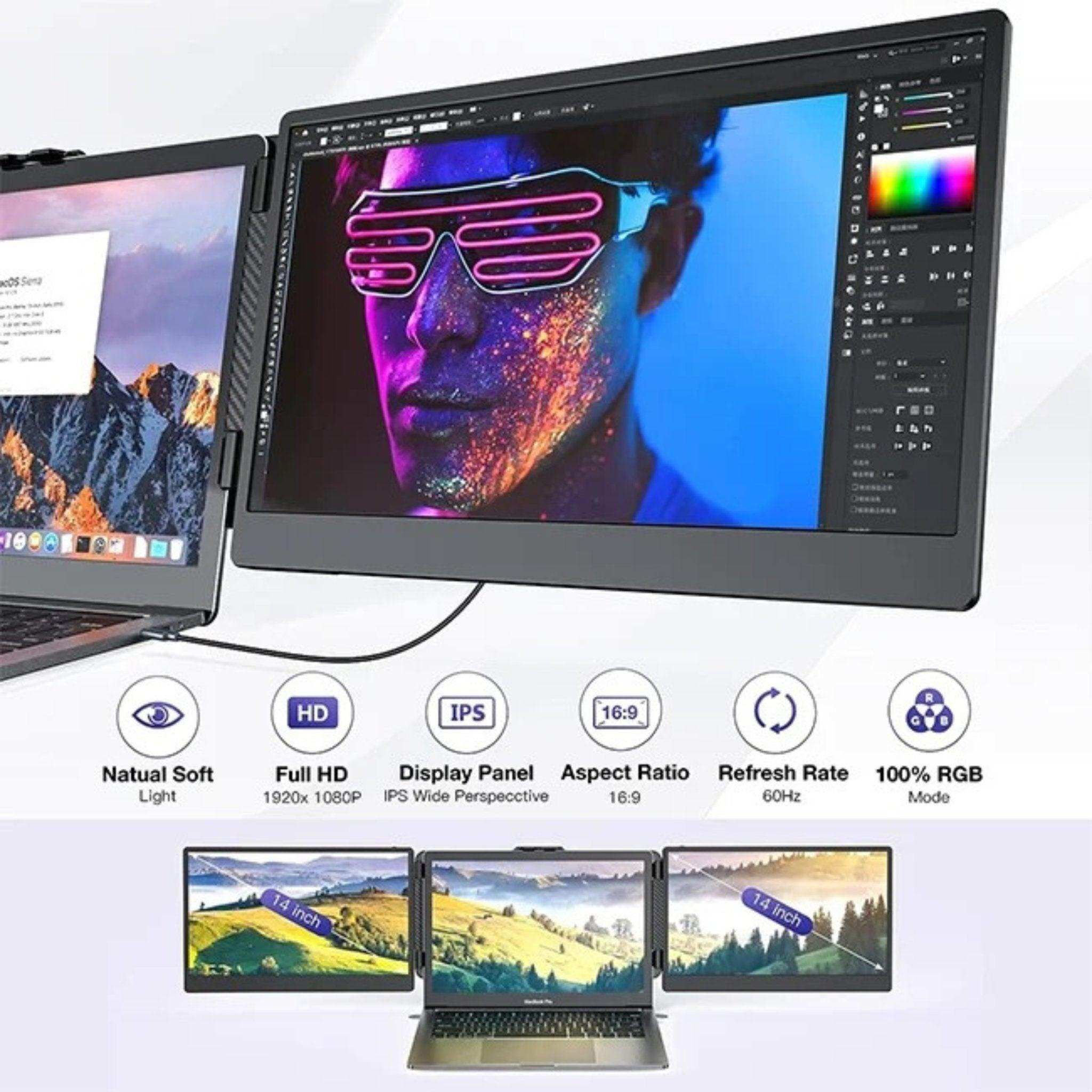 TUTT S2 Mini FHD 12" portable laptop dual monitor extender, 1080p IPS, triple display, built-in stand and speakers, shown attached to laptop. TUTT