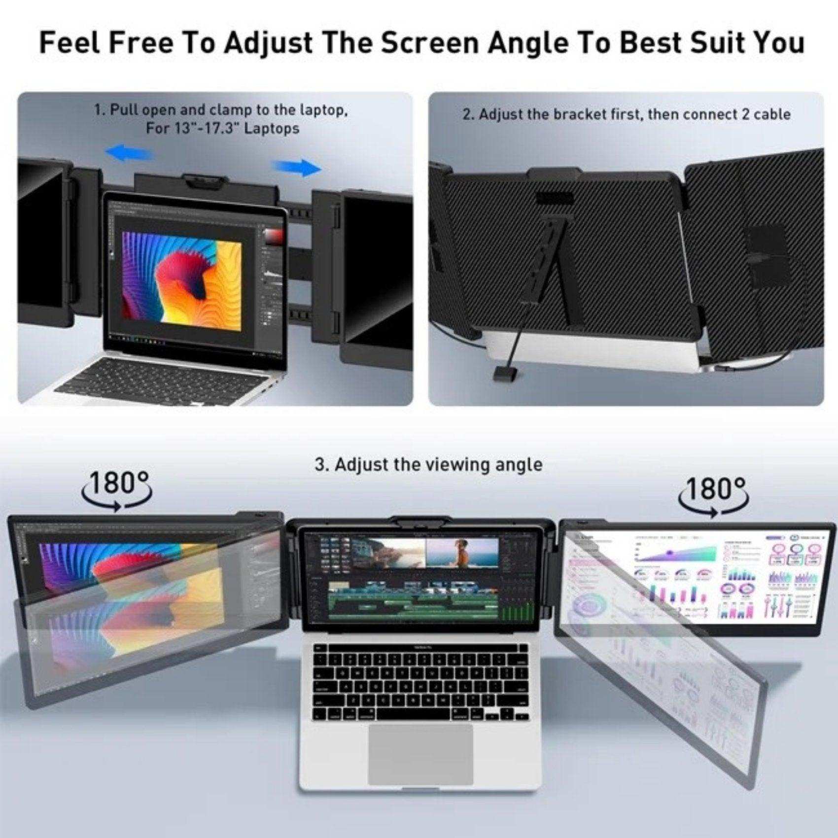 TUTT S2 Mini FHD portable laptop dual monitor extender with adjustable 12-inch screens and built-in stand, shown attached to a laptop. TUTT