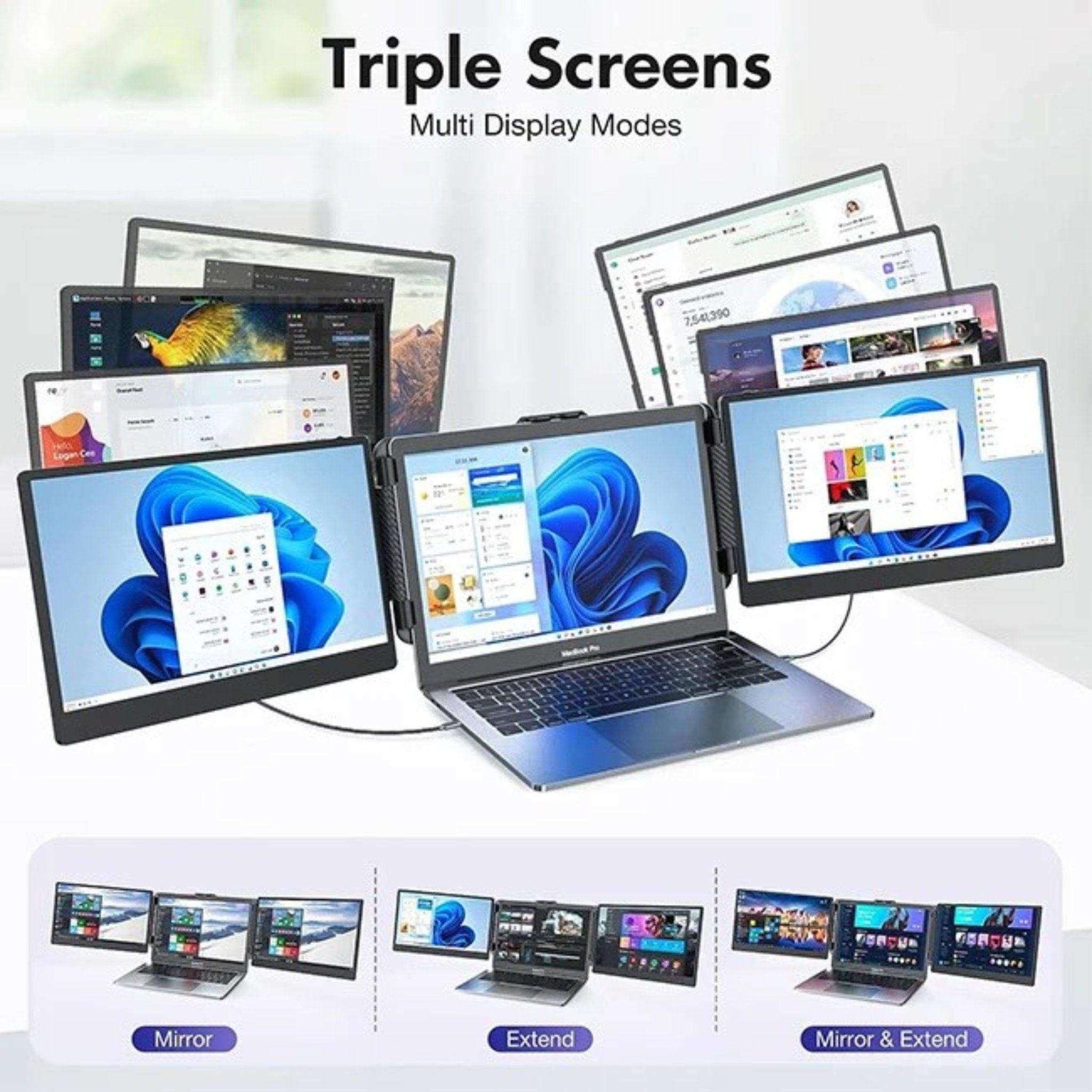 Triple laptop screen extender attached to MacBook, showing multi display modes, portable monitor TUTT