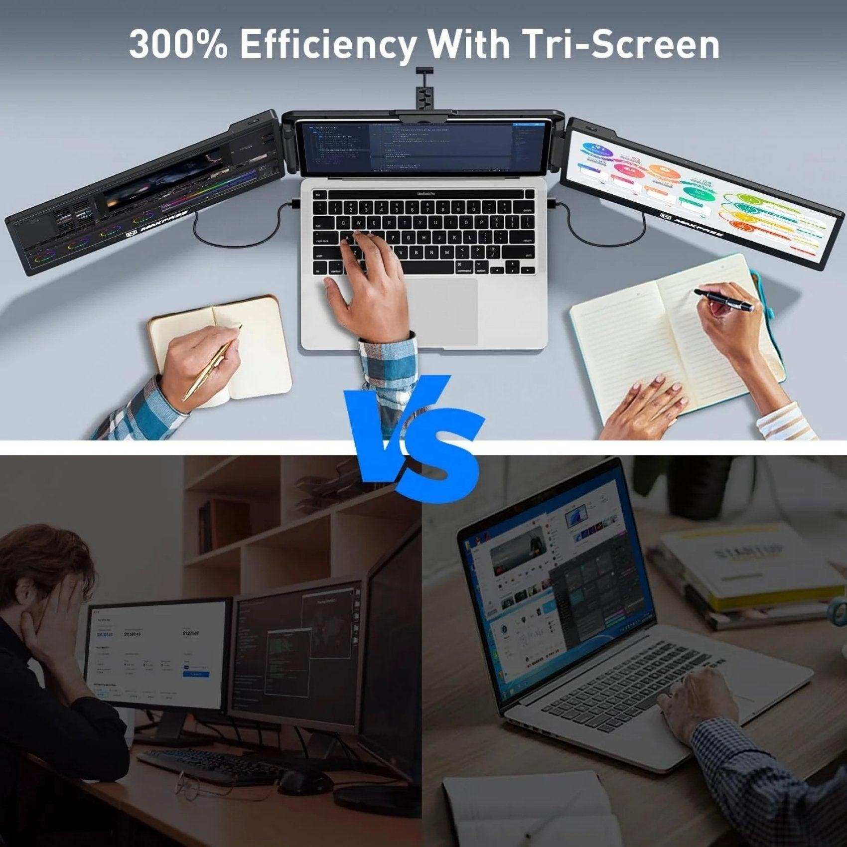 TUTT S2 Mini FHD 12'' portable laptop dual monitor screen extender showing tri-screen setup with hands working, comparison with traditional monitors. TUTT