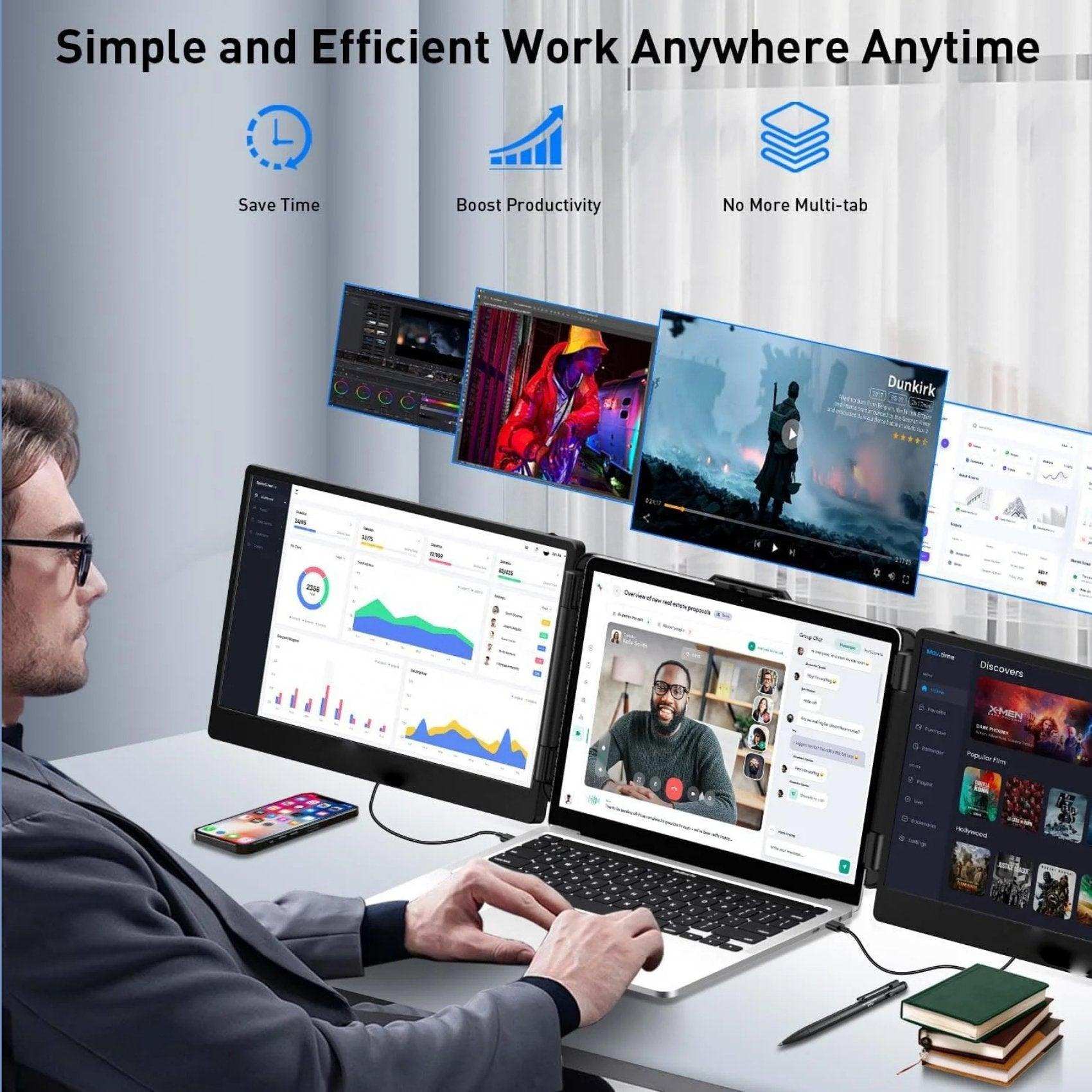 Man using laptop with TUTT S2 Mini FHD 12” dual portable monitor extender, triple screen setup, productivity apps displayed, desk workspace. TUTT