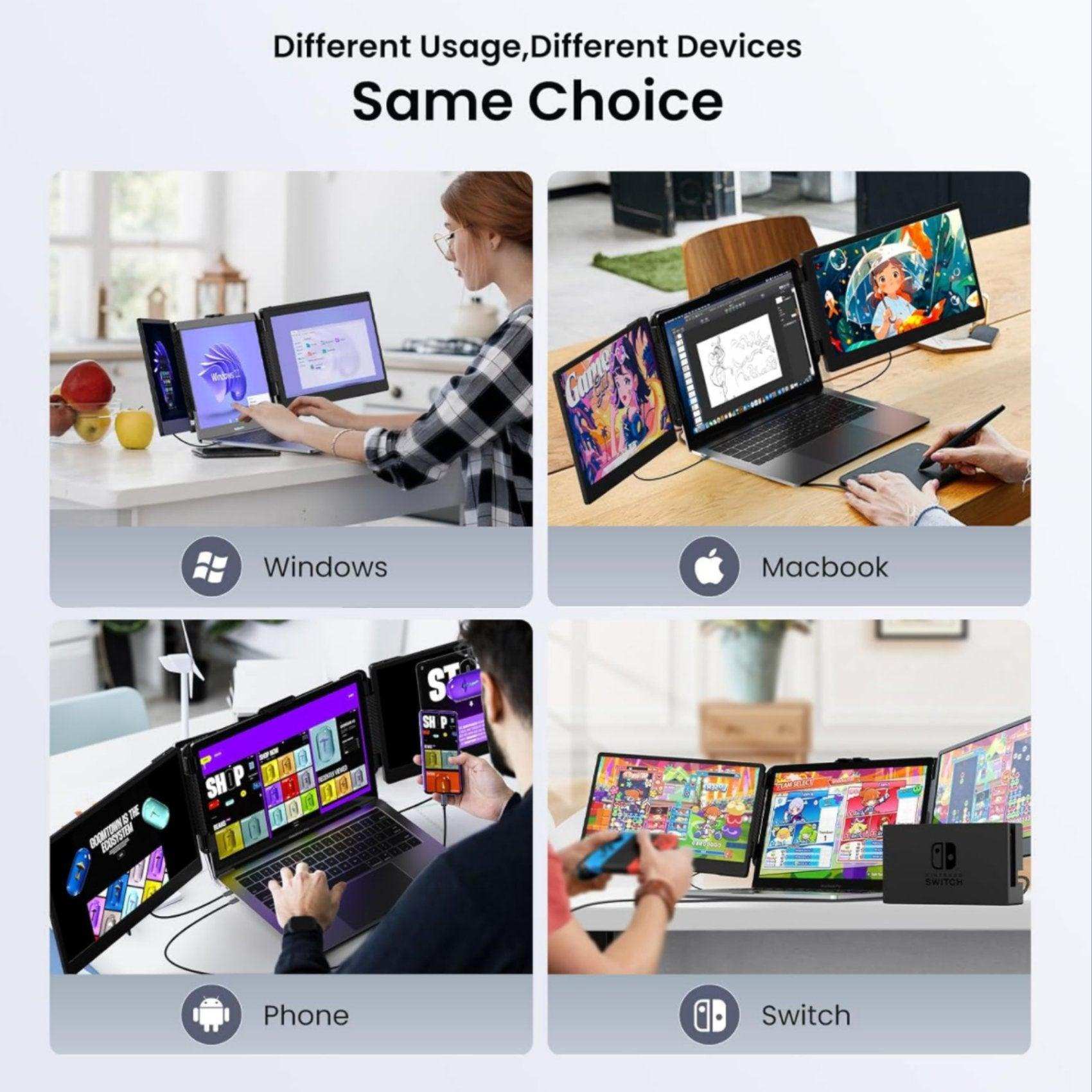 TUTT S2 Mini FHD 12" portable laptop triple monitor extender shown with Windows, Macbook, phone, and Nintendo Switch setups, built-in stand and speakers visible, plug and play display. TUTT