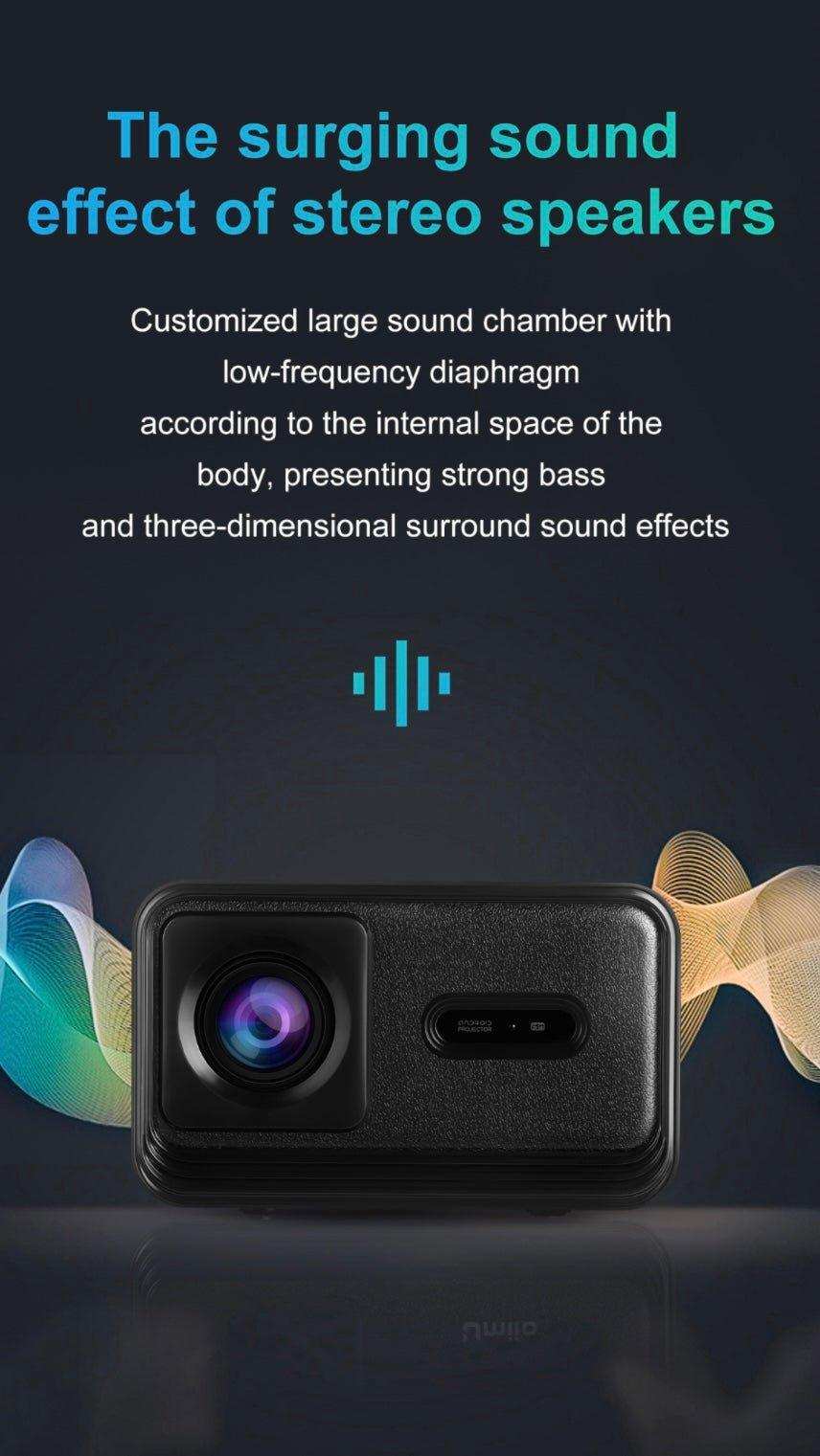 Ultra smart home theatre cinematic projector with stereo speakers and colorful sound waves, TUTT
