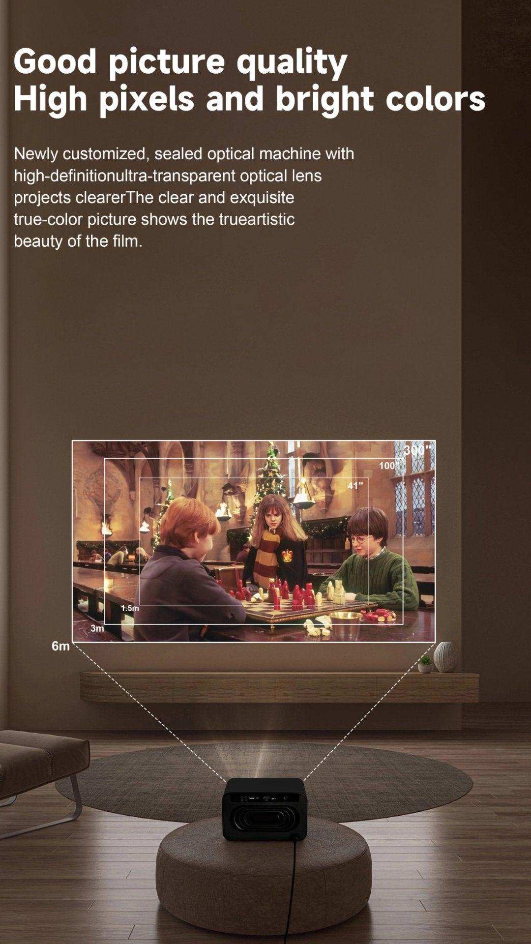 Home theater projector displaying vibrant movie scene on living room wall, modern decor, TUTT