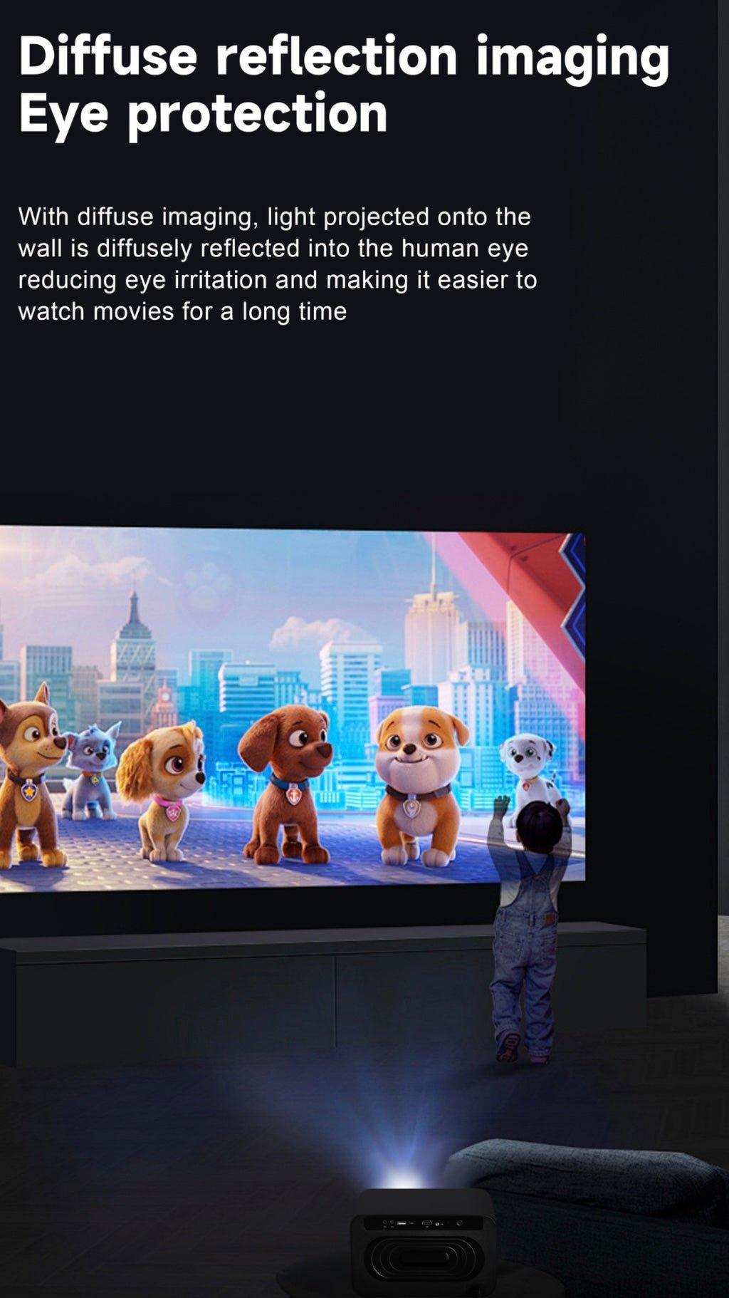 Ultra smart home theatre projector displaying animated puppies on screen in dark room, child watching, text on diffuse reflection imaging for eye protection, TUTT