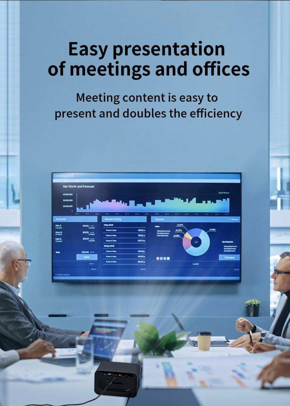 Business meeting with professionals using a smart projector for office presentation, dashboard on display, laptops on table, modern workspace, TUTT