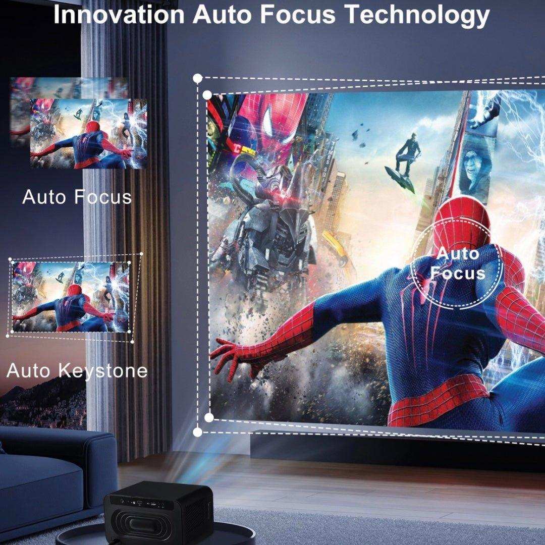 4K smart home theatre projector in living room with auto focus and keystone features, projecting vibrant superhero movie scene on wall. TUTT