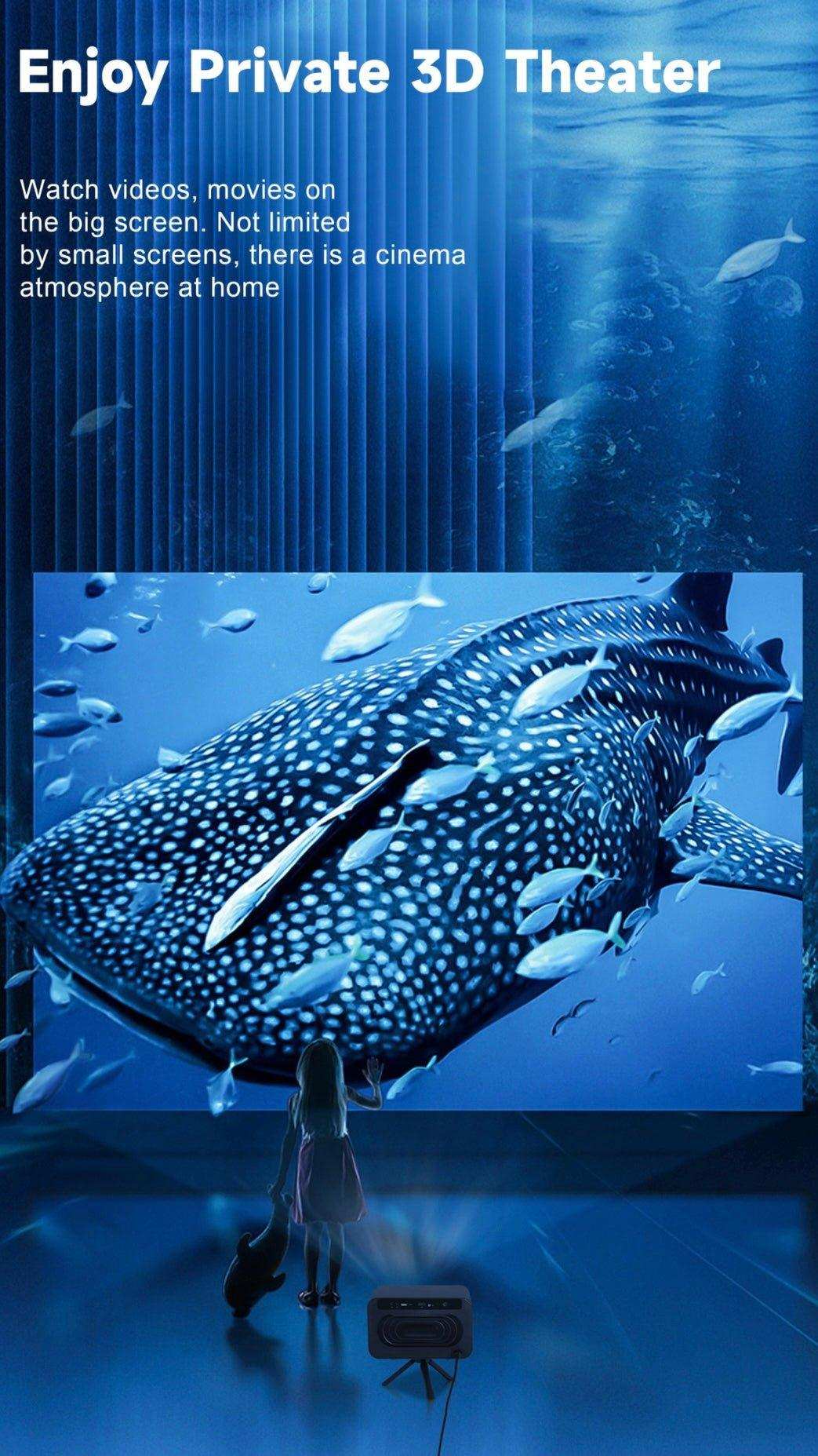 Girl watches 3D home theater projected underwater whale shark scene with smart projector TUTT