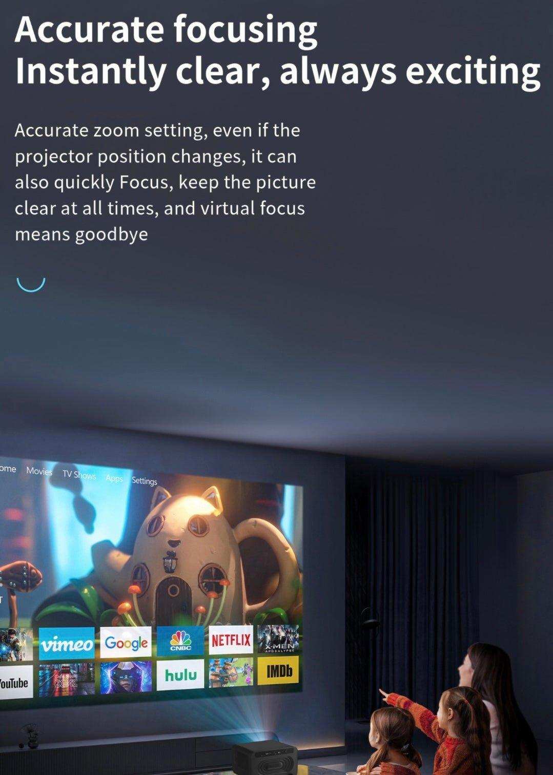 Family watching ultra smart home theatre projector displaying streaming apps on wall, dark room, TUTT
