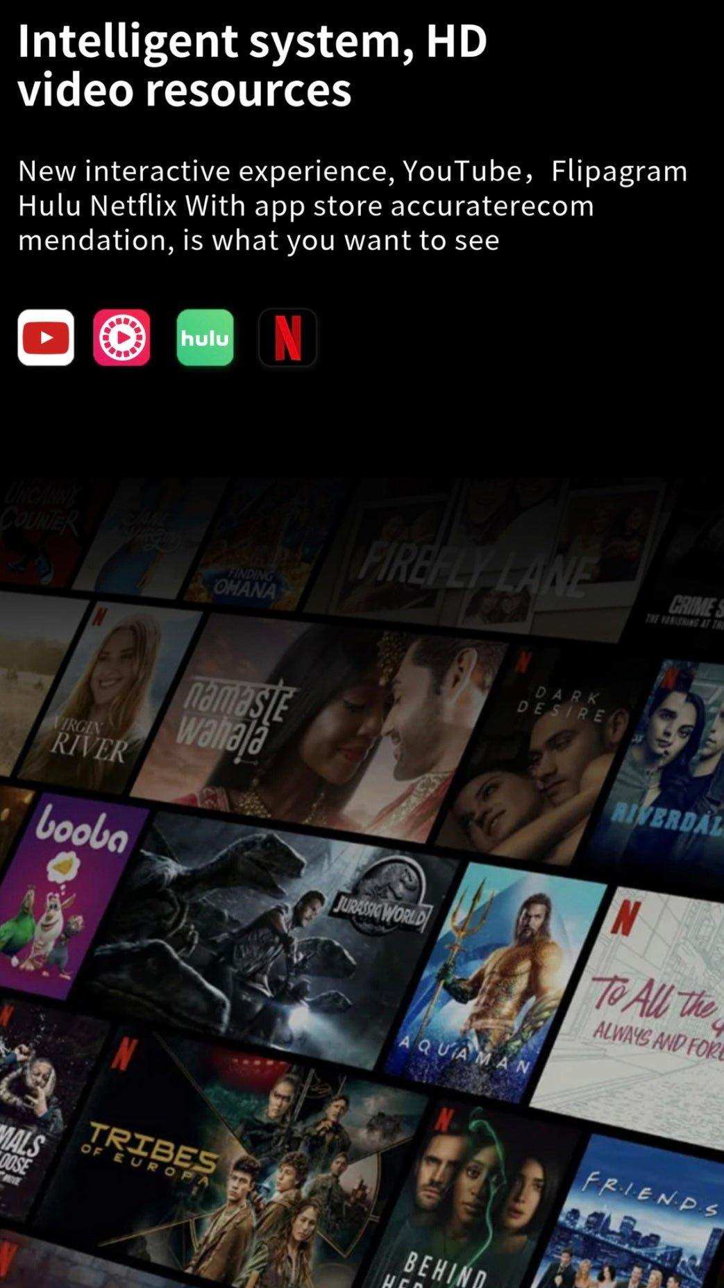 HD video resources interface showing YouTube, Hulu, Netflix, and movie thumbnails, TUTT