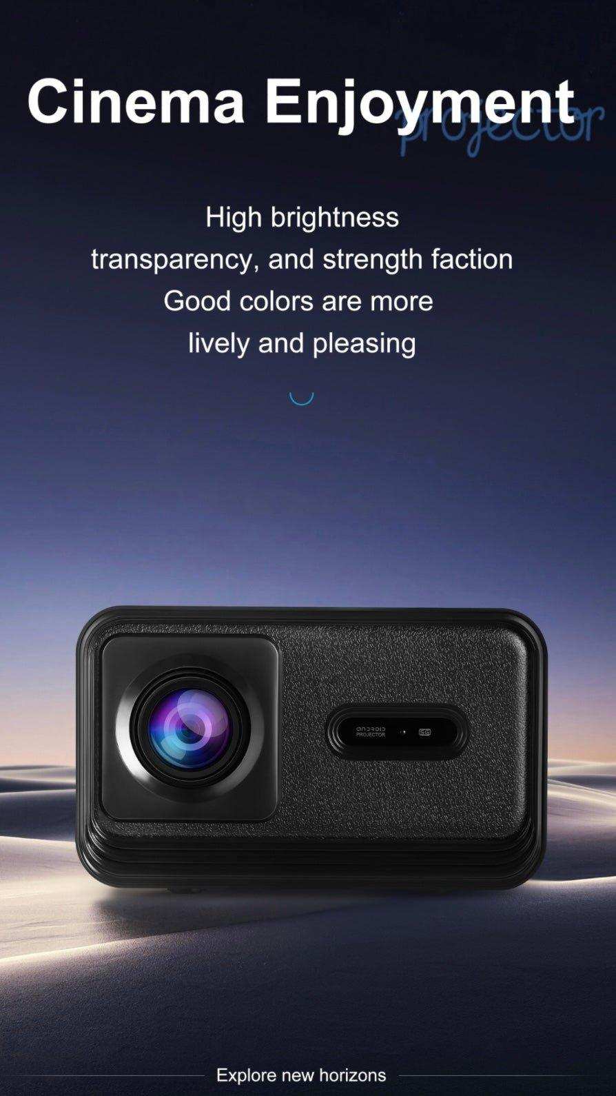 Black smart home theatre projector with large lens on textured surface, 'Cinema Enjoyment' text above, high brightness and vivid colors highlighted, desert background, TUTT