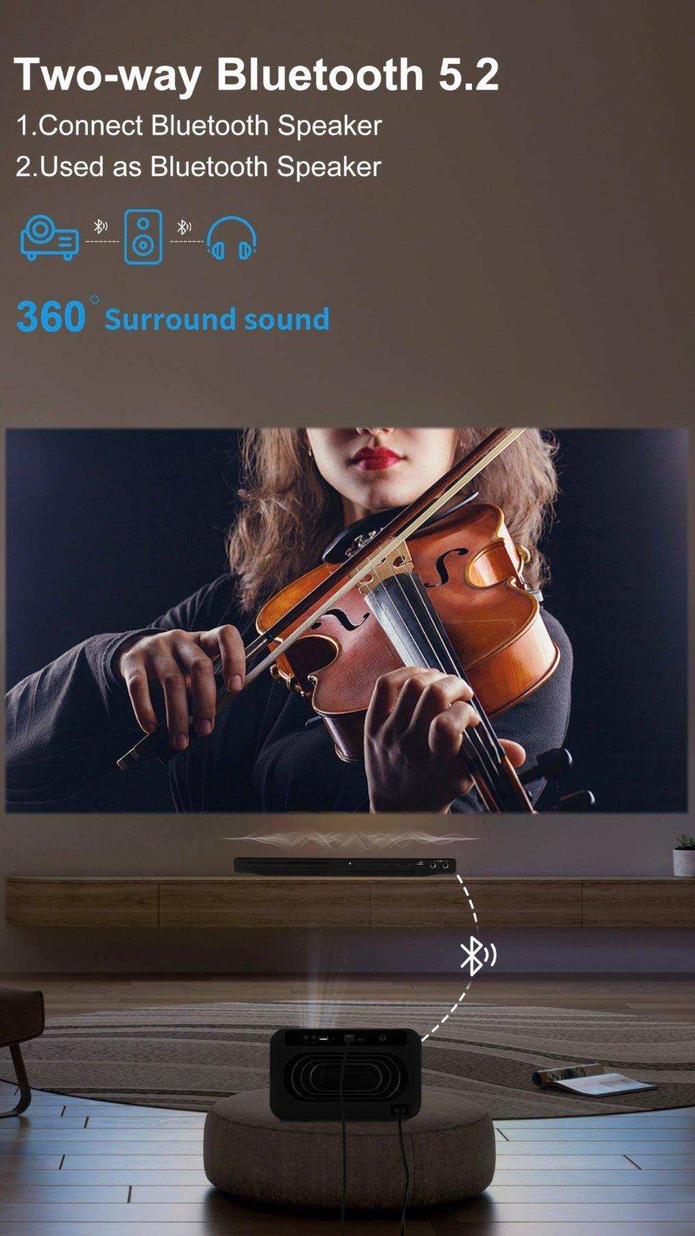 Smart home theatre projector with Bluetooth 5.2, 360 surround sound, projecting violinist, TUTT