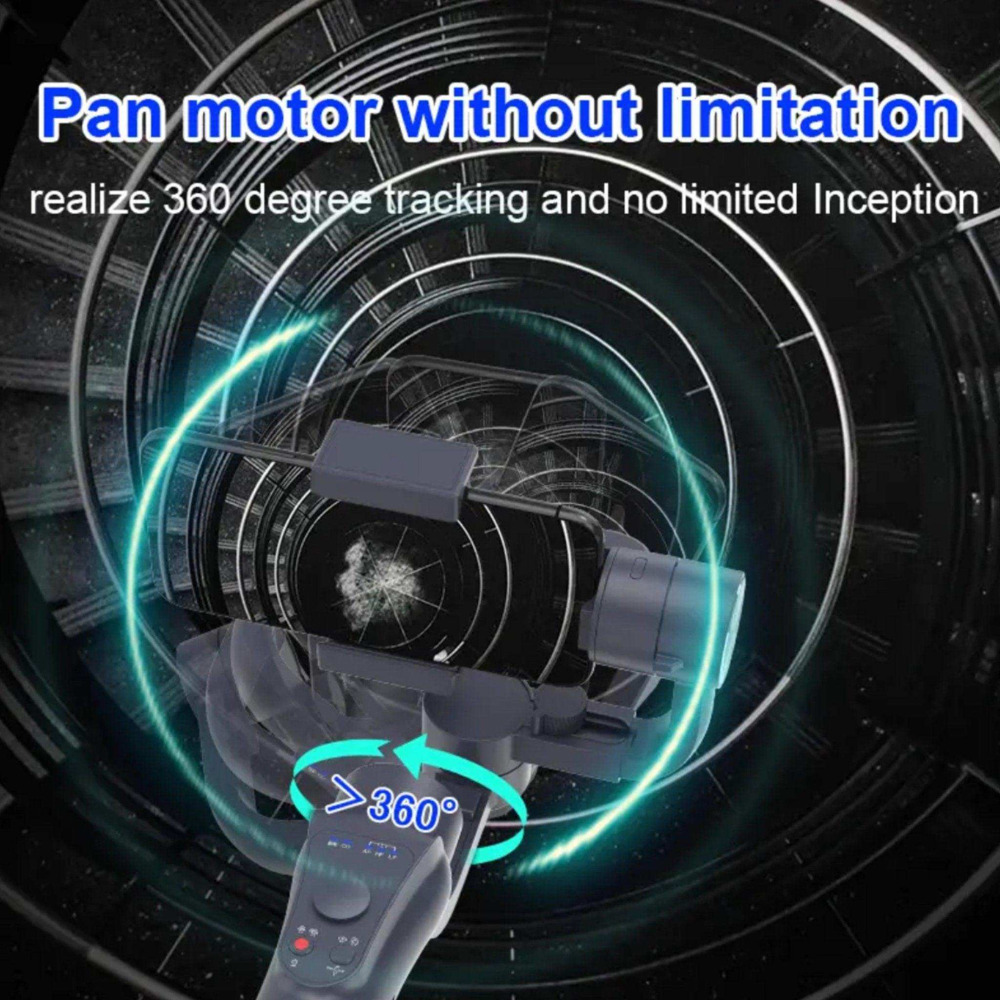 3-axis gimbal stabilizer with smartphone, 360° AI face tracking, pan motor, black background TUTT