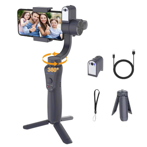 TUTT S5B Pro AI face tracking 3-axis gimbal stabilizer with selfie stick, tripod, battery, cable, and wrist strap. TUTT