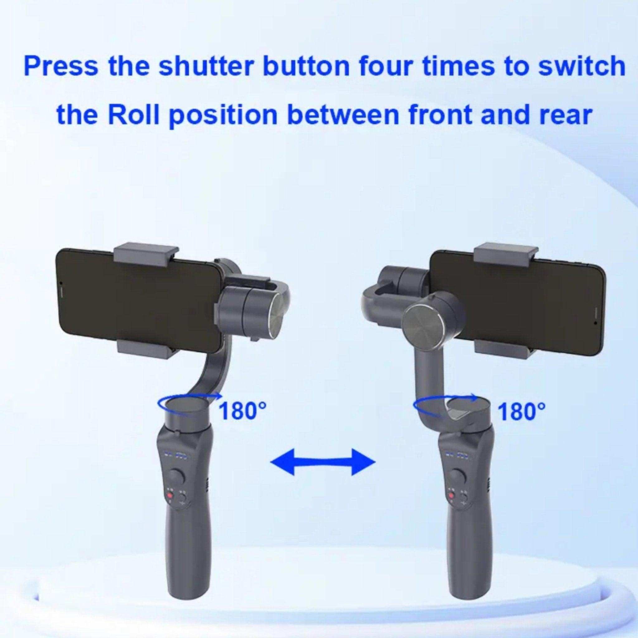 Smartphone attached to 3-axis handheld gimbal stabilizer, showing 180° roll rotation feature, TUTT