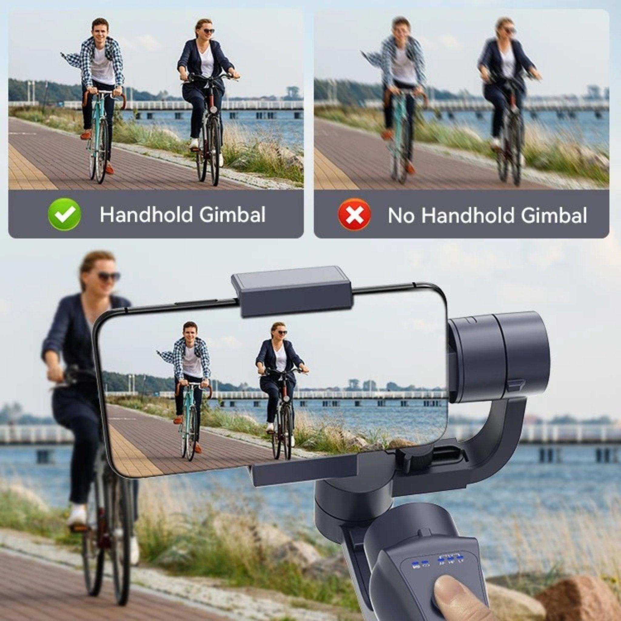 AI face tracking 3-axis gimbal stabilizer for smartphones shown filming cyclists outdoors, TUTT