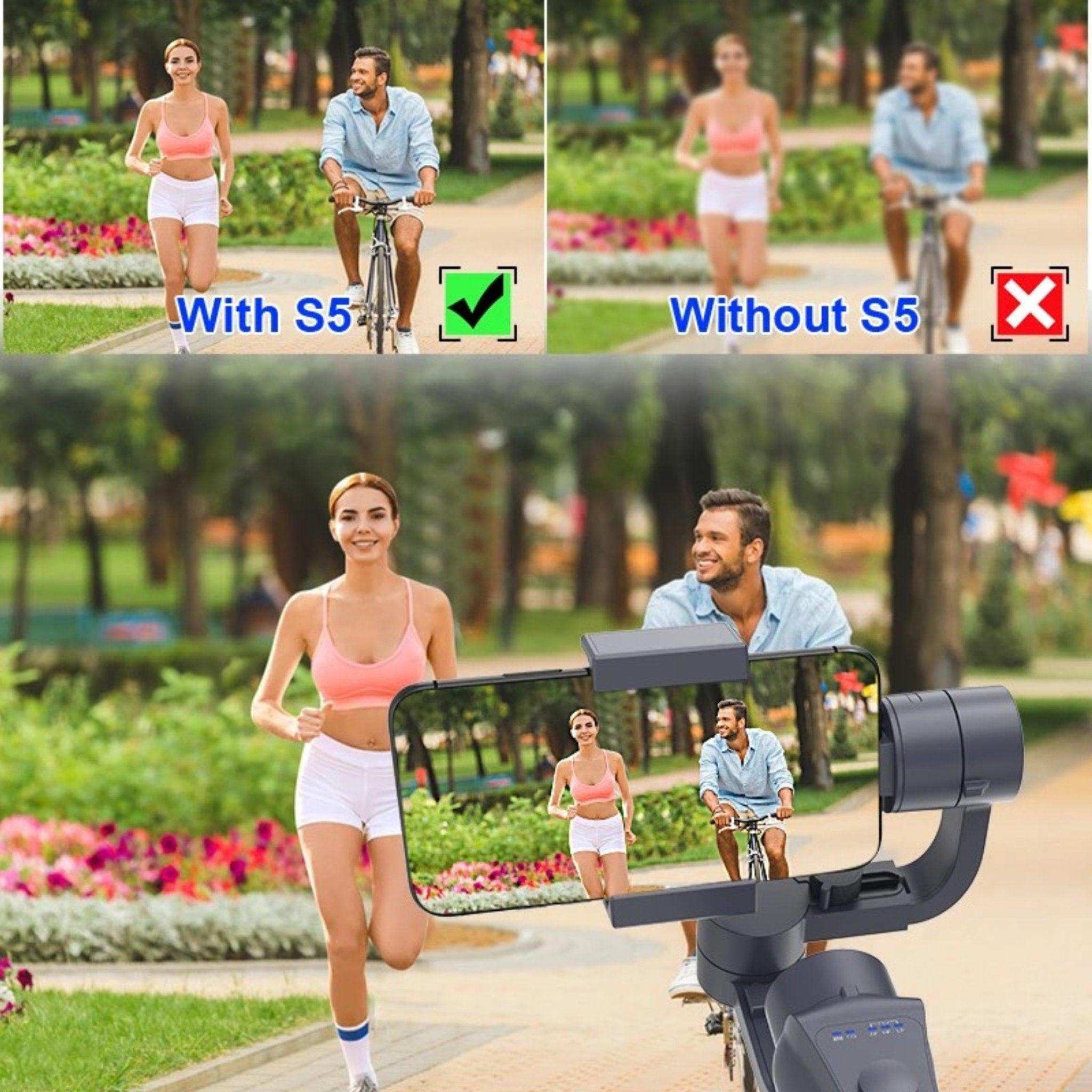 Man biking and woman jogging in a park, shown with and without S5 gimbal stabilizer for smartphones TUTT