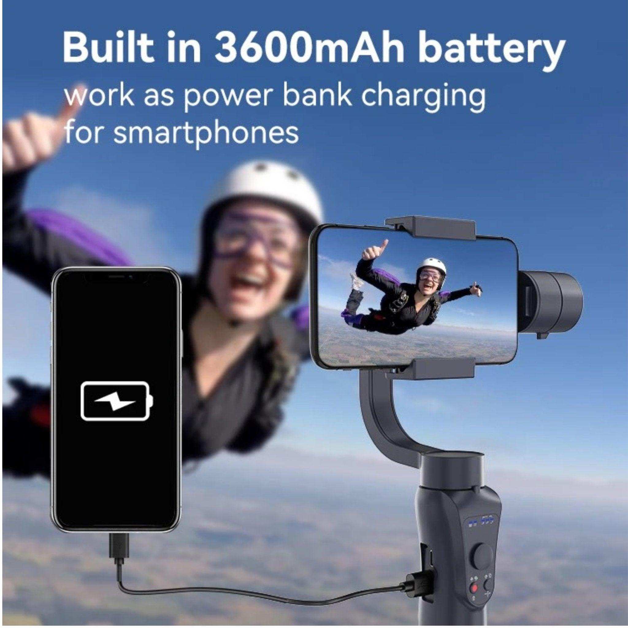 3-axis gimbal stabilizer holds smartphone showing skydiver, charging phone with power bank feature TUTT