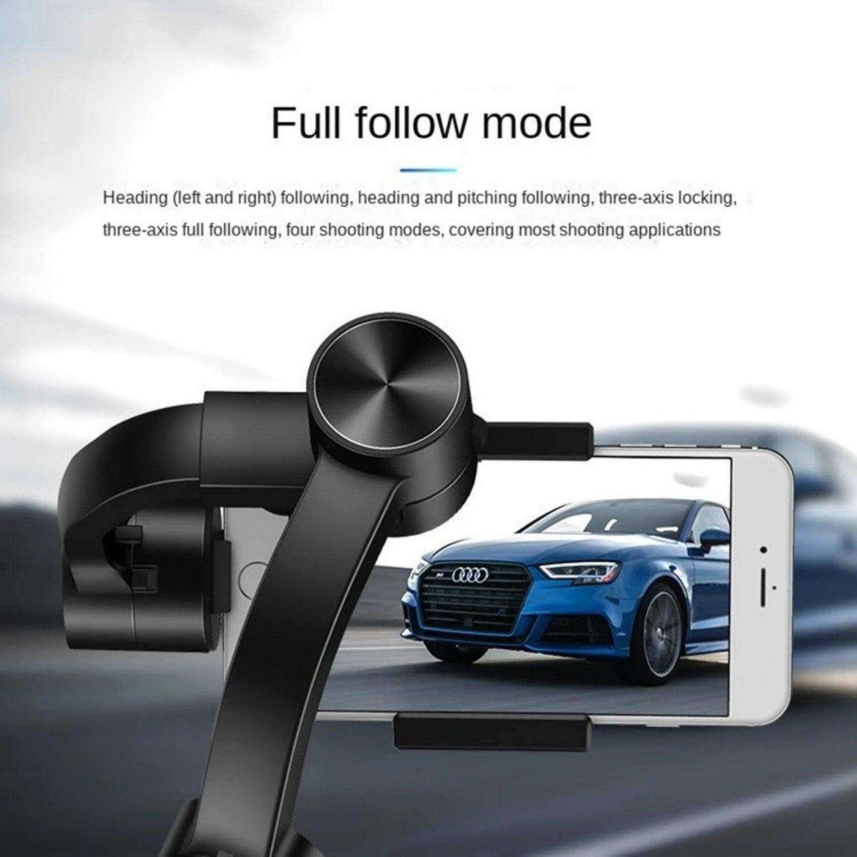 Black 3-axis gimbal stabilizer for smartphones holding a phone showing a blue car, TUTT