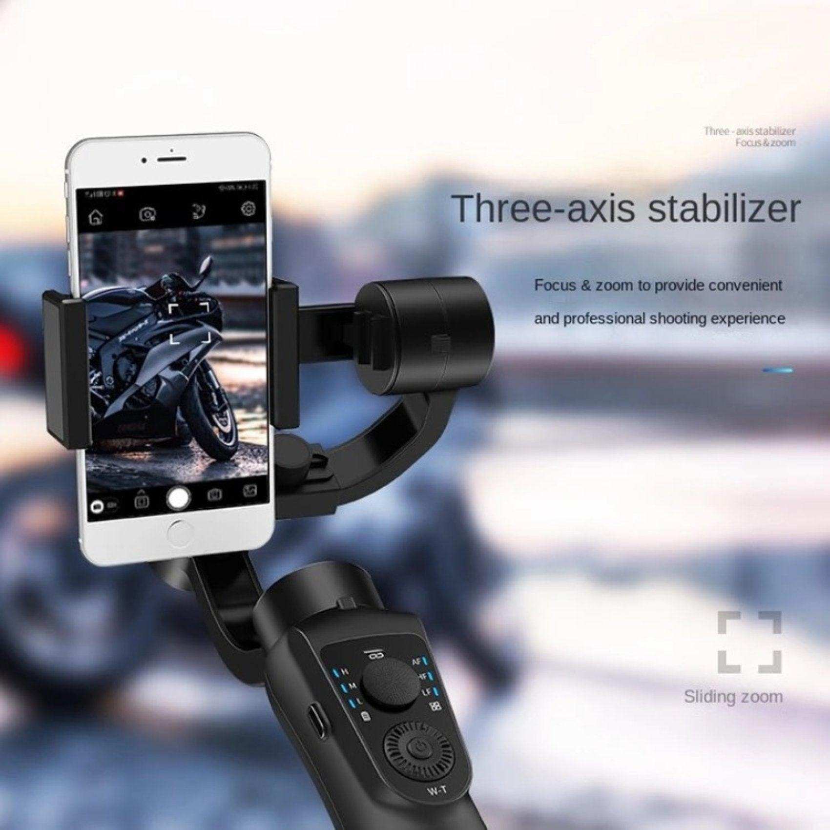 Three-axis gimbal stabilizer tripod holding smartphone with camera interface and zoom controls, TUTT