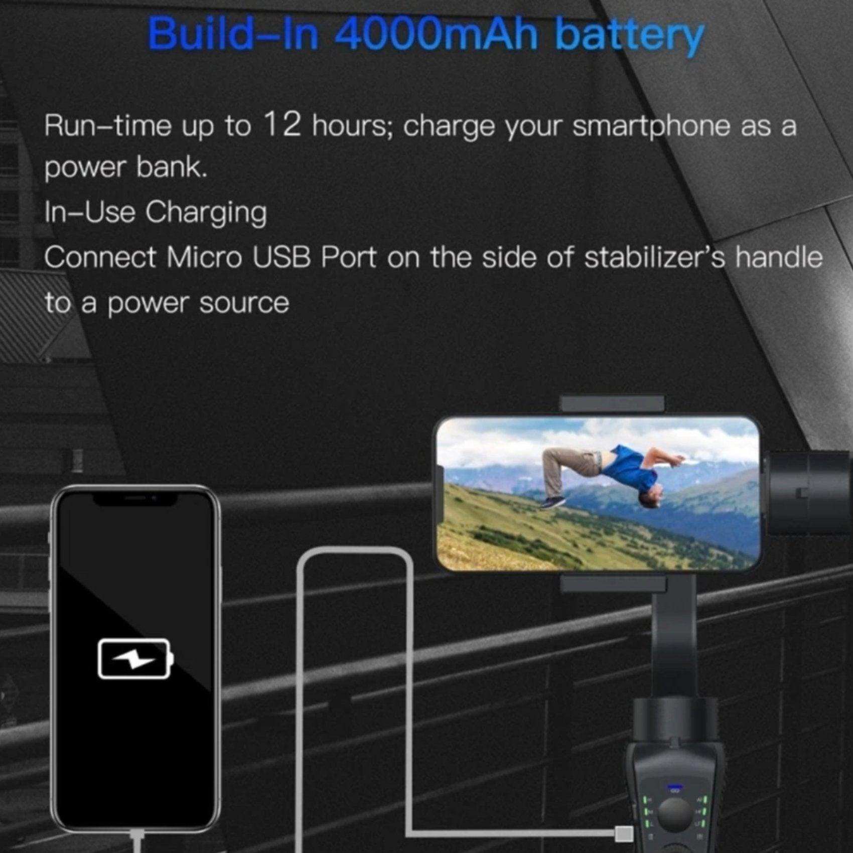 TUTT 3-axis gimbal stabilizer with smartphone charging, outdoor video, 4000mAh battery.