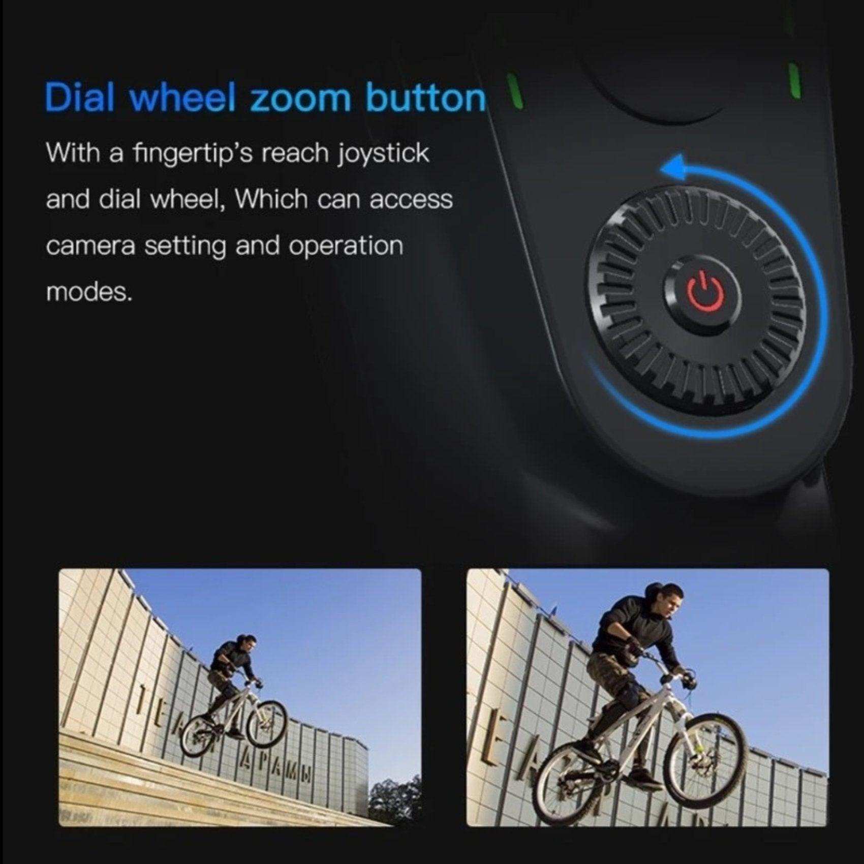 Close-up of 3-axis gimbal stabilizer dial wheel zoom button with two photos of a man performing bicycle tricks on urban steps, promoting camera settings and operation modes, TUTT
