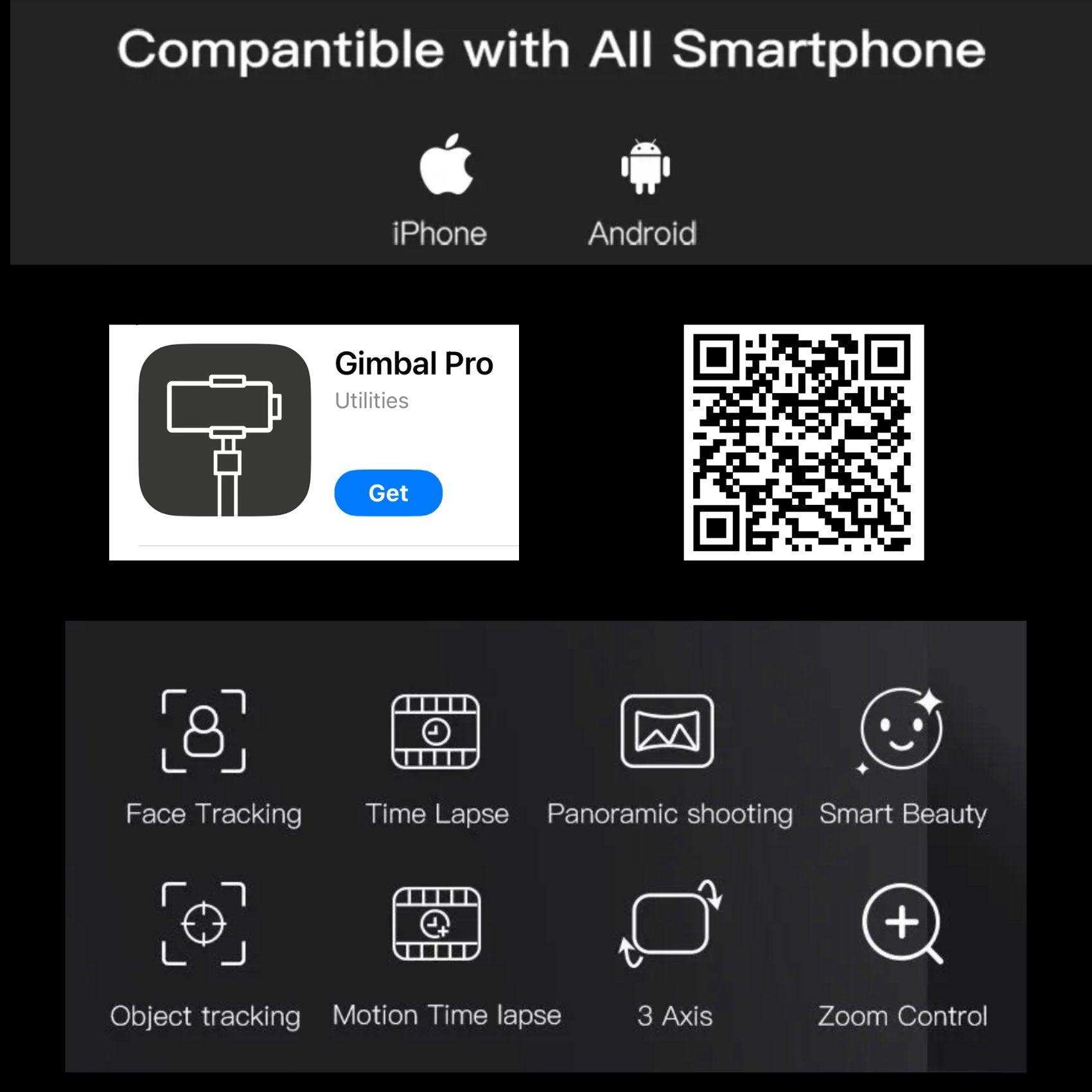Gimbal Pro app promo with QR code, smartphone compatibility icons, and gimbal features, TUTT