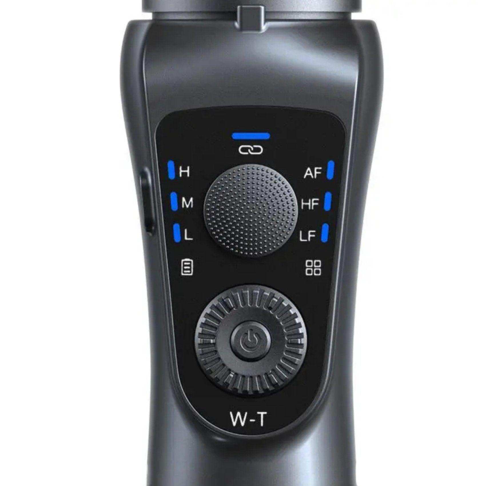 Close-up of TUTT S5B 3-axis gimbal stabilizer handle with control buttons and LED indicators TUTT