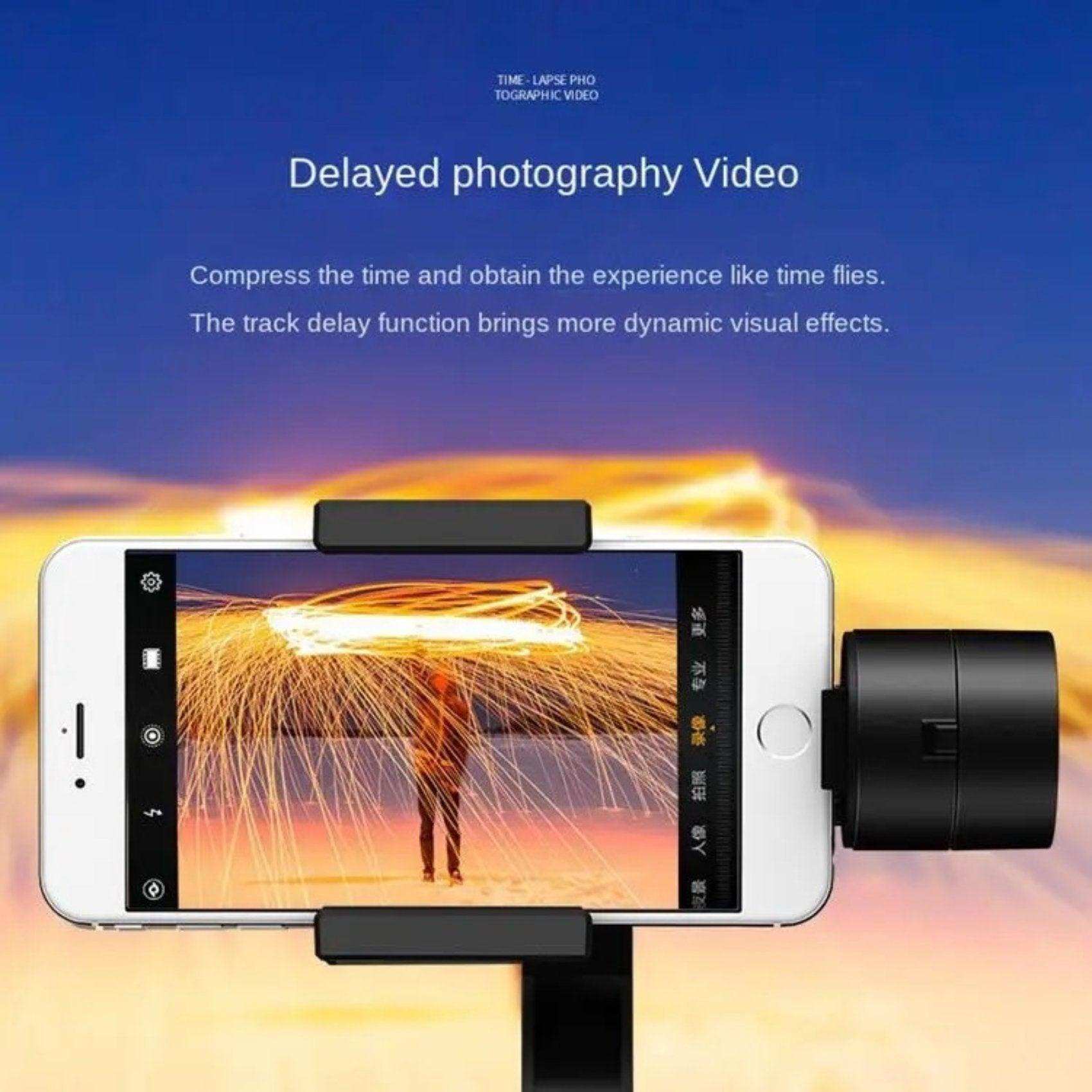 Black 3-axis gimbal stabilizer holding smartphone with time-lapse photography scene, TUTT