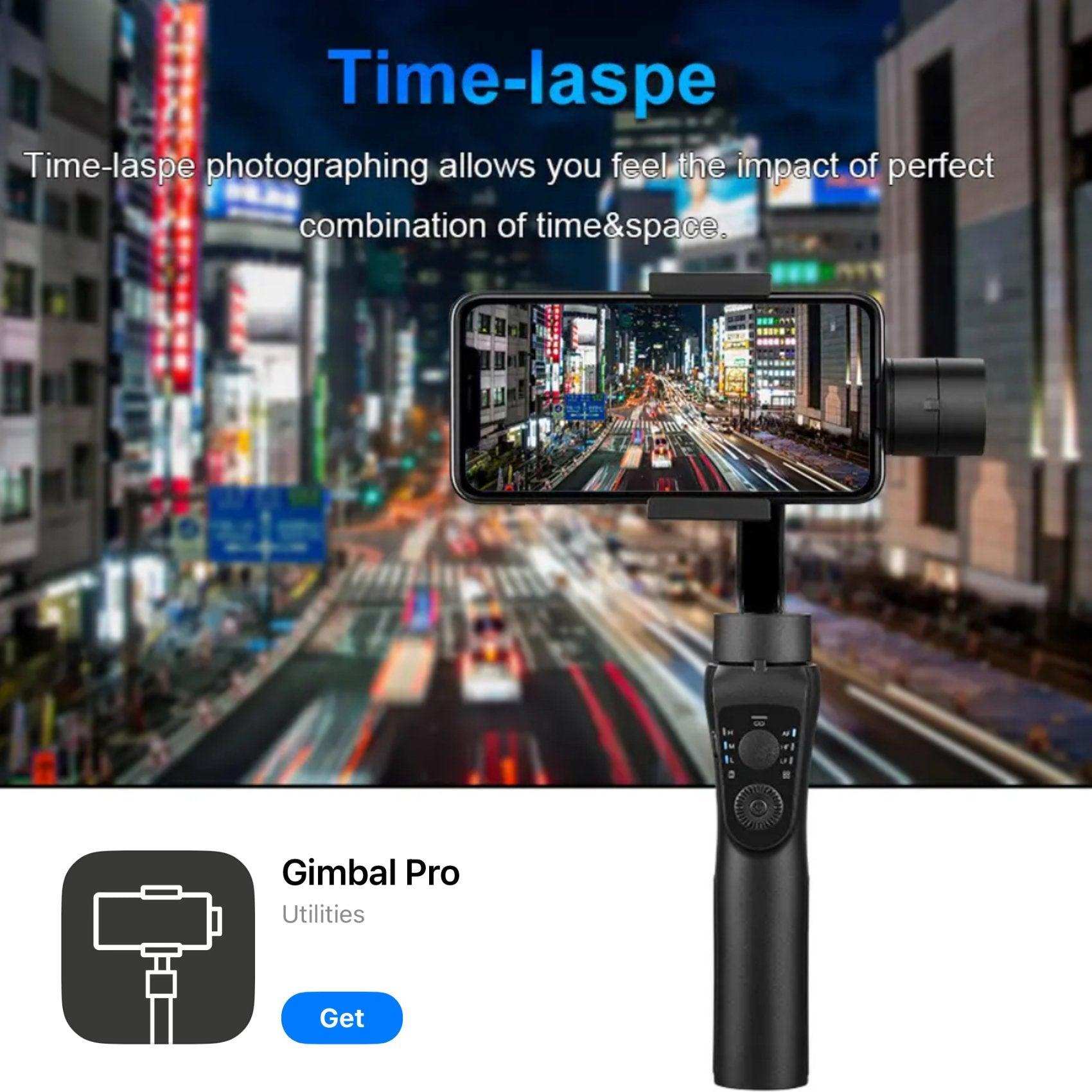 Upgraded 3-axis smartphone gimbal stabilizer with city timelapse on phone screen, Gimbal Pro app, TUTT